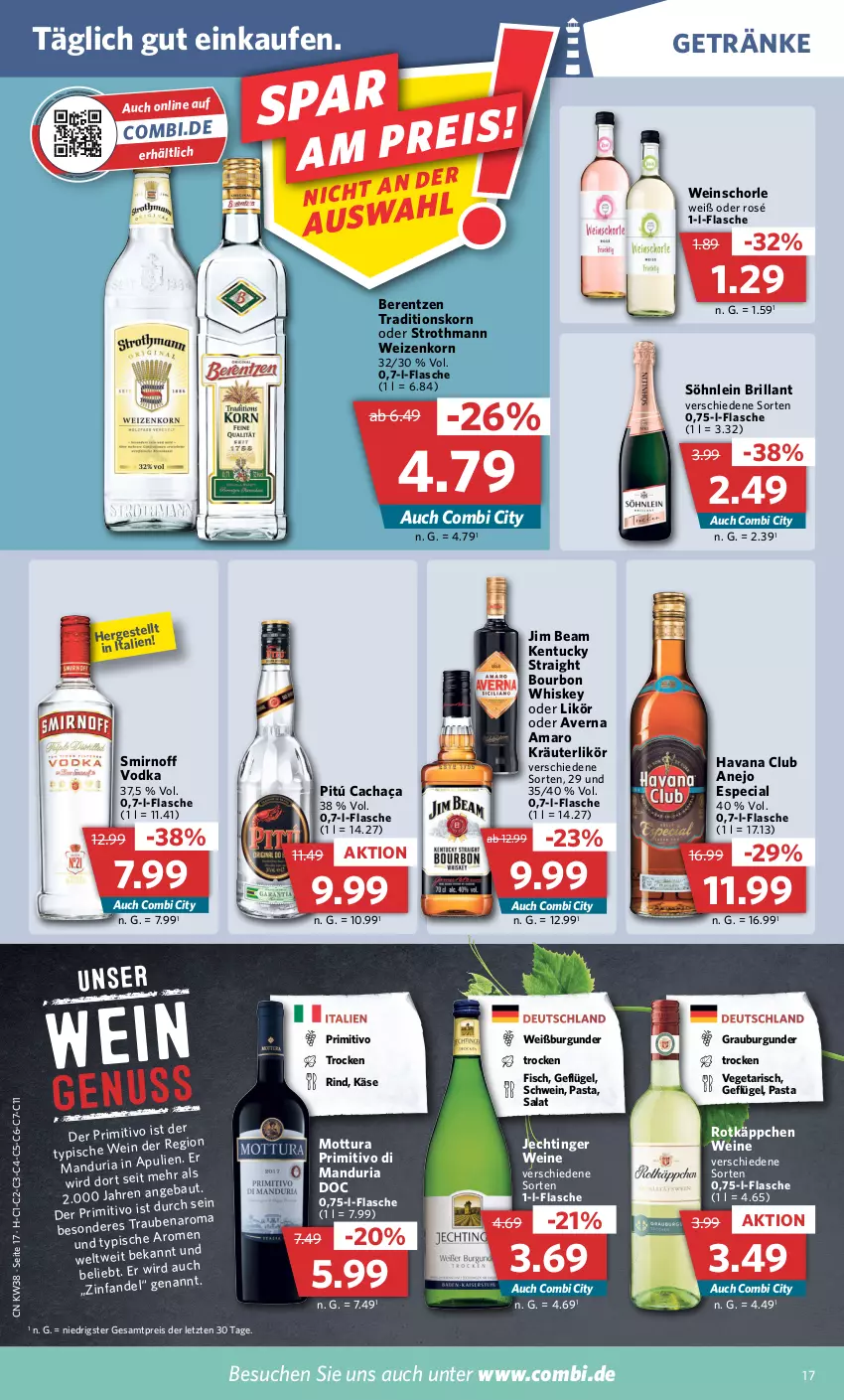 Aktueller Prospekt Combi - Prospekte - von 19.09 bis 24.09.2022 - strona 17 - produkty: amaro, averna, Bau, berentzen, bourbon, bourbon whiskey, burgunder, cachaça, eis, fisch, flasche, Geflügel, getränk, getränke, grauburgunder, Havana Club, jim beam, Käse, kentucky straight, korn, kräuter, kräuterlikör, likör, pasta, primitivo, reis, Ria, rind, rotkäppchen, salat, schorle, schwein, smirnoff, söhnlein, söhnlein brillant, Ti, tuc, Vegeta, vodka, wein, weine, weinschorle, Weißburgunder, weizenkorn, whiskey, ZTE