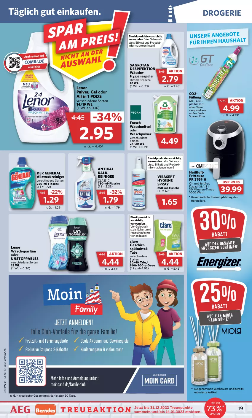 Aktueller Prospekt Combi - Prospekte - von 19.09 bis 24.09.2022 - strona 19 - produkty: allzweckreiniger, angebot, angebote, bio, biozidprodukte, coupon, coupons, Desinfektion, eis, elle, energizer, flasche, fritteuse, Frosch, geschirr, gewinnspiel, HP, hygienespüler, Kinder, lenor, magazin, Pods, Rauch, reiniger, reis, rwe, sagrotan, Soda, Spiele, spülmittel, teller, Ti, timer, wäscheparfüm, waschmittel, Waschpulver, wasser, wassersprudler, weck, ZTE