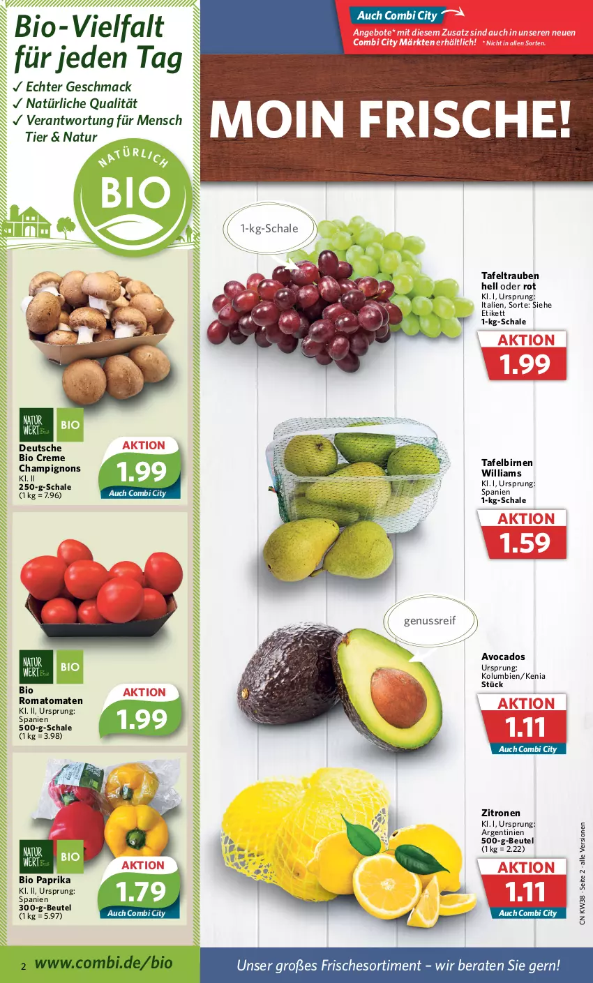 Aktueller Prospekt Combi - Prospekte - von 19.09 bis 24.09.2022 - strona 2 - produkty: angebot, angebote, avocado, avocados, beutel, bio, Birnen, champignon, champignons, creme, mac, natur, nuss, paprika, Schal, Schale, tafelbirnen, tafeltrauben, Ti, tomate, tomaten, trauben, zitrone, zitronen