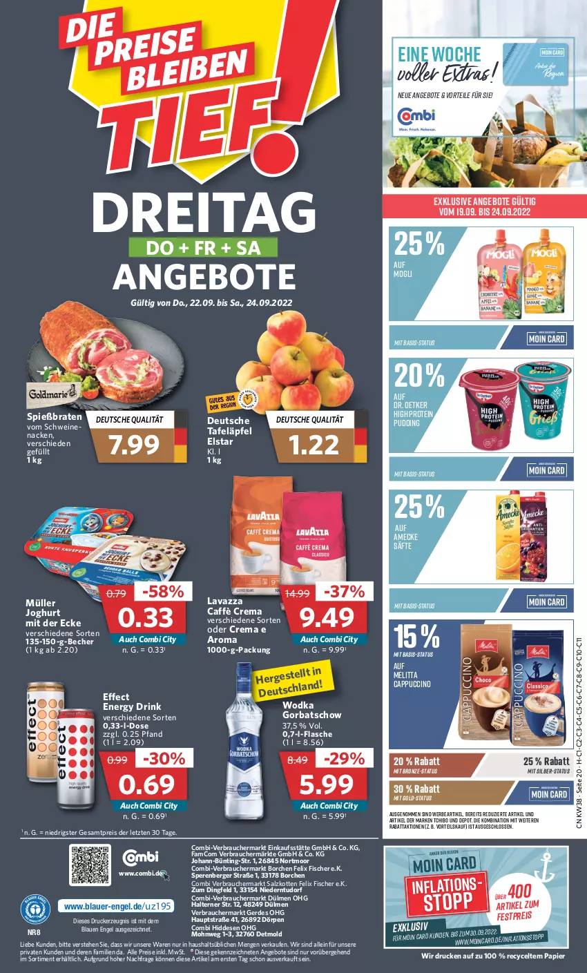 Aktueller Prospekt Combi - Prospekte - von 19.09 bis 24.09.2022 - strona 20 - produkty: amecke, angebot, angebote, auer, Becher, Berger, braten, caffè crema, Cap, cappuccino, cin, Dr. Oetker, drink, drucker, Effect, eis, energy drink, Engel, erde, felix, fisch, fische, Fischer, flasche, Gorbatschow, joghur, joghurt, joghurt mit der ecke, kerze, lavazza, melitta, Müller, papier, pudding, Rauch, reis, säfte, salz, schwein, schweine, tafeläpfel, Tchibo, Ti, wein, weine, wodka, ZTE