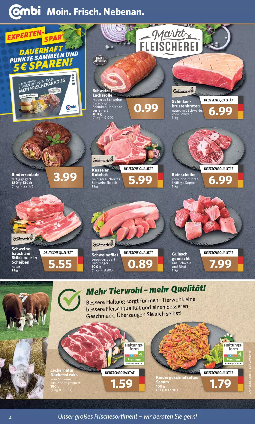 Aktueller Prospekt Combi - Prospekte - von 19.09 bis 24.09.2022 - strona 4 - produkty: auer, Bau, braten, eis, filet, fleisch, geschnetzeltes, gewürz, gulasch, Käse, kasseler, kotelett, krustenbraten, lachs, Lachsrolle, mac, Nackensteak, nackensteaks, natur, rind, rinder, Rindergeschnetzeltes, Rinderroulade, schinken, schwein, schwein und rind, schweine, schweinefilet, schweinefleisch, sesam, steak, steaks, suppe, Ti, wein, weine, Zelt