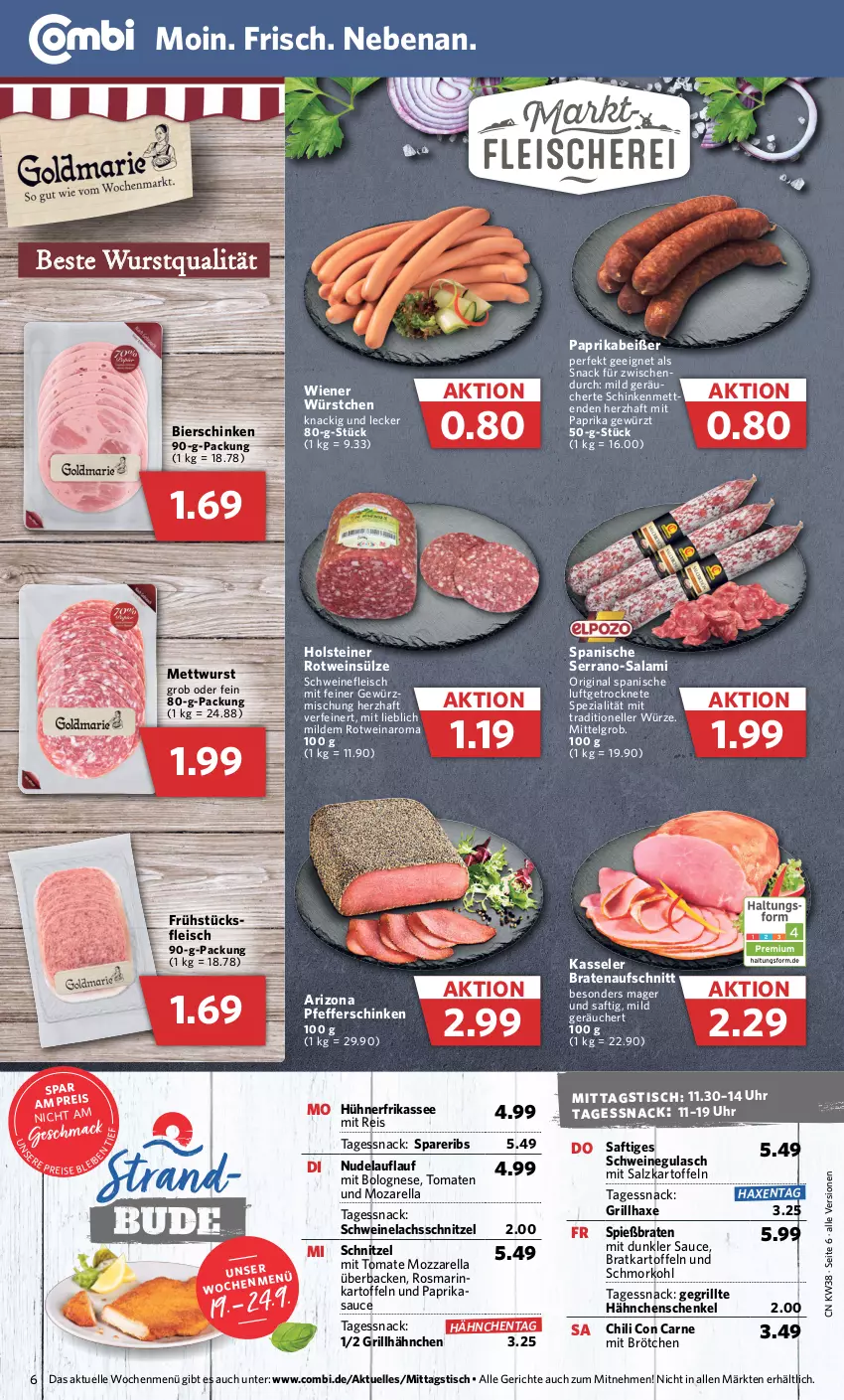 Aktueller Prospekt Combi - Prospekte - von 19.09 bis 24.09.2022 - strona 6 - produkty: aufschnitt, axe, bier, bierschinken, bolognese, braten, bratenaufschnitt, brötchen, chili, eis, elle, fleisch, frühstücksfleisch, Gegrillte Hähnchenschenkel, gewürz, gin, grill, grillhähnchen, grillhaxe, gulasch, hähnchenschenkel, Haxe, henkel, holsteiner, hühner, kartoffel, kartoffeln, kasseler, lachs, LG, mac, Mett, mettwurst, mit paprika, mozzarella, nerf, nudel, paprika, pfeffer, reis, rel, rosmarin, rotwein, saft, salami, salz, sauce, schenkel, schinken, schnitzel, schwein, schweine, schweinefleisch, schweinegulasch, Schweinelachs, serrano, snack, spareribs, Spezi, steiner, Ti, tisch, tomate, tomaten, uhr, wein, weine, wiener, wurst, würstchen