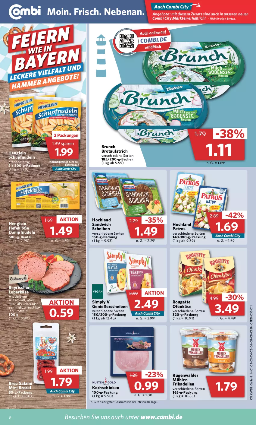 Aktueller Prospekt Combi - Prospekte - von 19.09 bis 24.09.2022 - strona 8 - produkty: angebot, angebote, aufschnitt, aufstrich, Becher, beutel, brezel, brot, brotaufstrich, dell, eis, elle, frikadellen, Hefe, henglein, hochland, Käse, kochschinken, leberkäs, leberkäse, Leberkäsesemmel, nudel, nudeln, Ofen, Ofenkäse, patros, pfanne, pfannen, reis, rouge, rougette, rügenwalder, rügenwalder mühle, salami, sandwich, schinken, Semmel, sim, Ti, ZTE