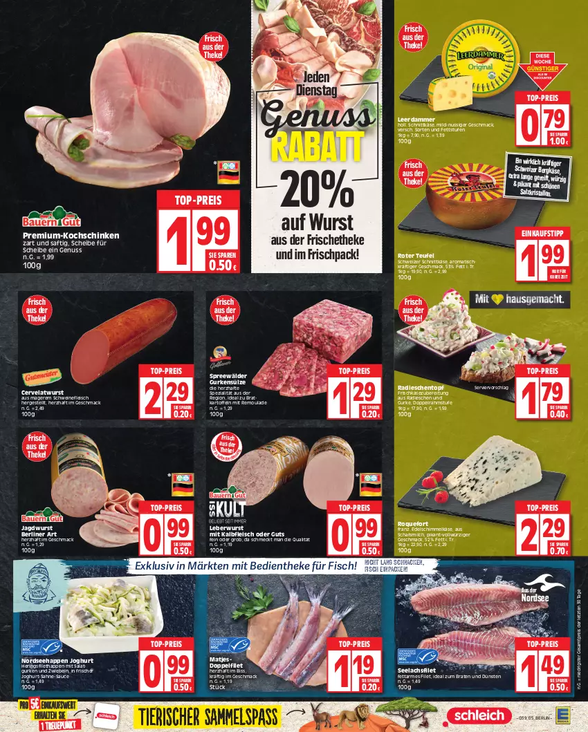 Aktueller Prospekt Edeka - Angebote der Woche - von 25.09 bis 30.09.2023 - strona 5 - produkty: Bergkäse, berliner, braten, doppelrahmstufe, einkaufstipp, eis, filet, fisch, fleisch, frischkäse, frischkäsezubereitung, gurke, gurken, hering, Herings, HP, ideal zum braten, jagdwurst, joghur, joghurt, Kalbfleisch, kartoffel, kartoffeln, Käse, kochschinken, lachs, lachsfilet, leberwurst, leerdammer, mac, matjes, milch, mit kalbfleisch, Nordsee, nuss, radieschen, reis, remoulade, ring, saft, sahne, salat, salz, sauce, schinken, schnittkäse, schwein, schweine, schweinefleisch, schweizer schnittkäse, seelachsfilet, Spezi, spreewälder, Ti, tisch, top-preis, topf, wein, weine, wurst, ZTE, zwiebel, zwiebeln