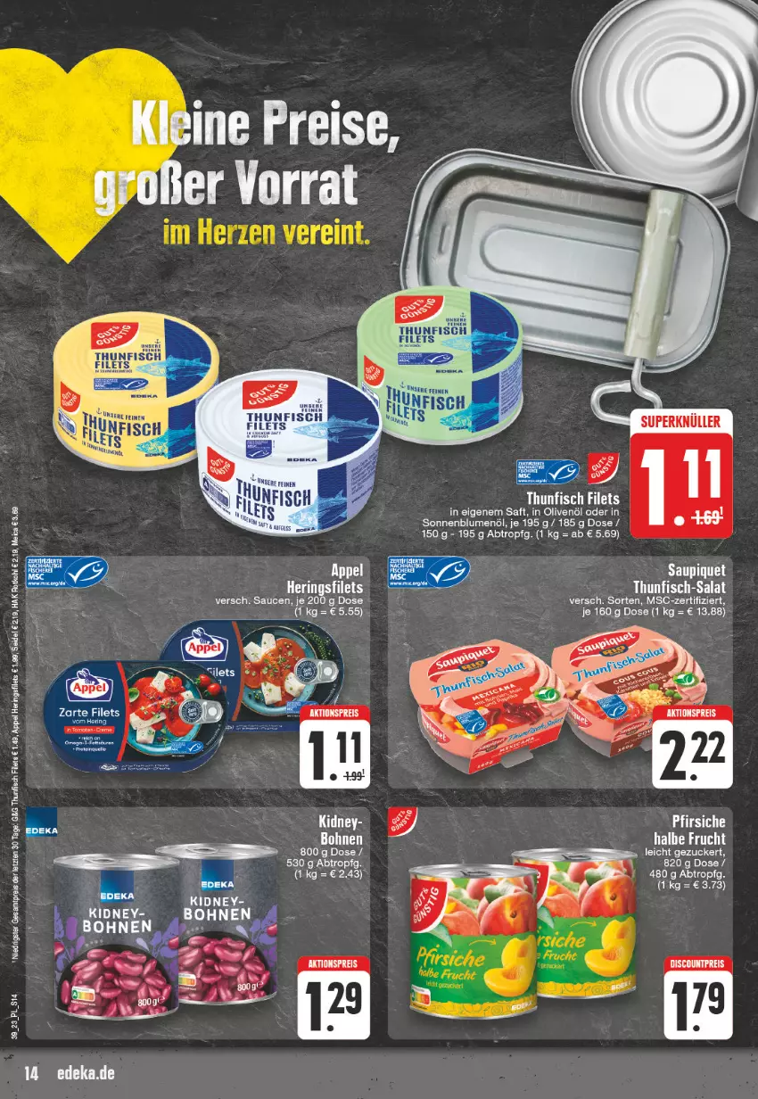 Aktueller Prospekt E Center - Angebote der Woche - von 25.09 bis 30.09.2023 - strona 14 - produkty: aktionspreis, blume, blumen, blumenöl, bohne, bohnen, discount, eis, filet, filets, fisch, hering, Herings, heringsfilets, in olivenöl, kidney, leine, meica, olive, oliven, olivenöl, pfirsich, pfirsiche, reis, ring, rotkohl, saft, salat, sauce, saucen, sonnenblume, sonnenblumen, sonnenblumenöl, thunfisch, thunfisch filets, Ti, tuc, ZTE