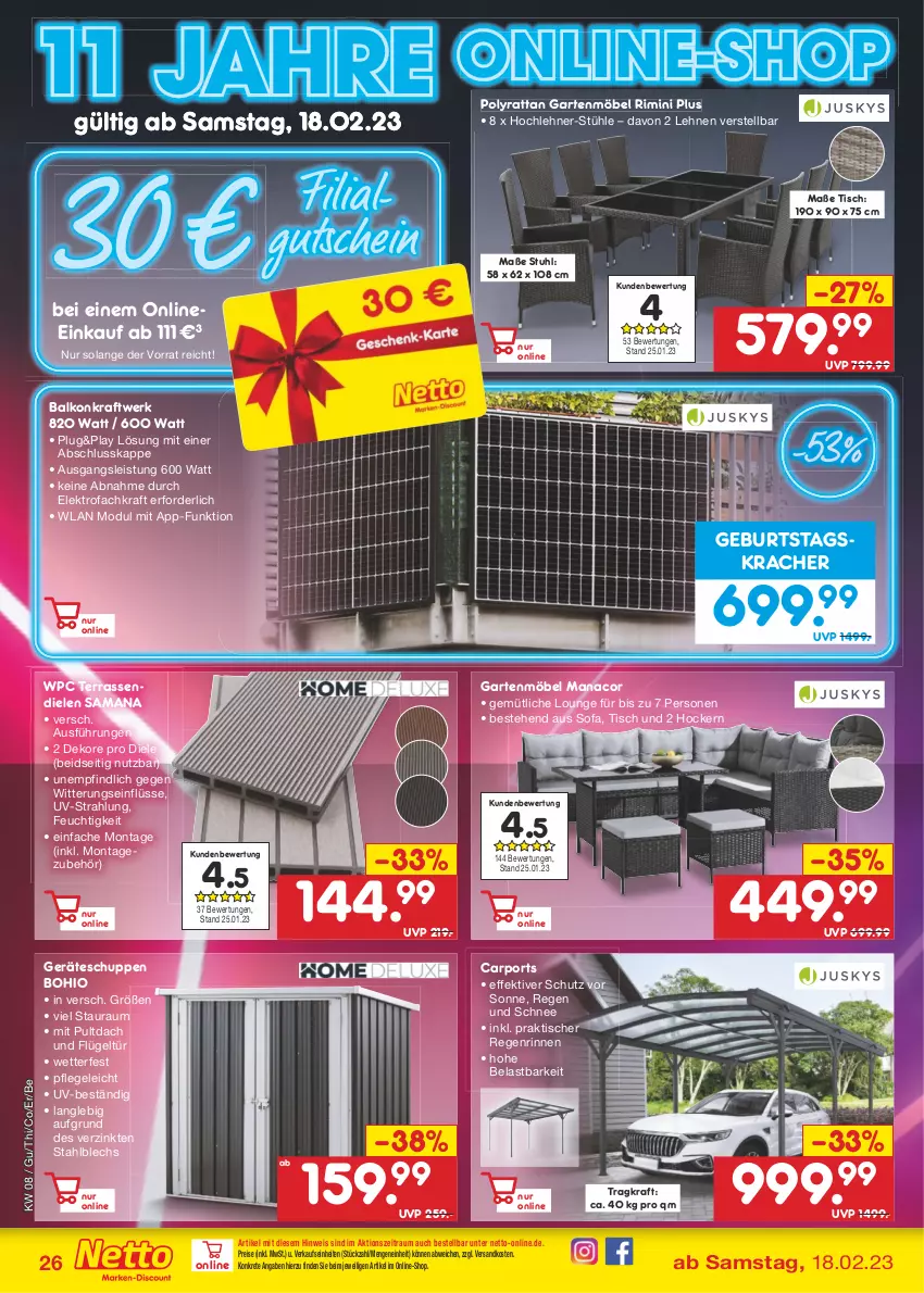 Aktueller Prospekt Netto Marken-Discount - Filial-Angebote - von 20.02 bis 25.02.2023 - strona 26 - produkty: Carport, eis, Elektro, Garten, gartenmöbel, gutschein, hocker, kracher, kraft, LG, möbel, ndk, reis, Sofa, stuhl, Stühl, Ti, tisch