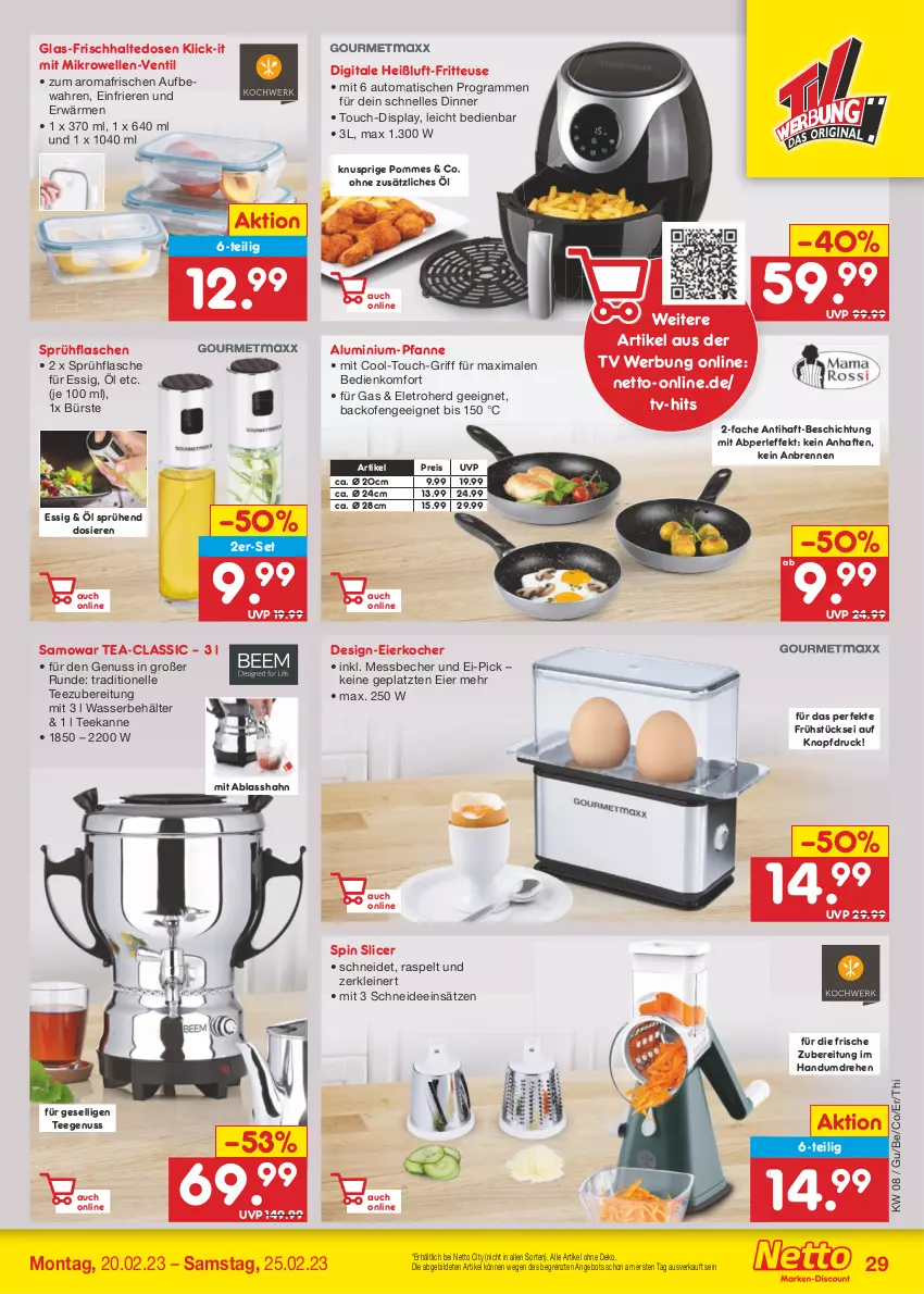 Aktueller Prospekt Netto Marken-Discount - Filial-Angebote - von 20.02 bis 25.02.2023 - strona 29 - produkty: angebot, auto, backofen, Becher, Behälter, bürste, eier, Eierkocher, eis, elle, essig, flasche, frischhaltedosen, fritteuse, Kocher, leine, Messbecher, mikrowelle, nuss, Ofen, pfanne, pommes, reis, sprühflasche, tee, teekanne, Ti, tisch, wasser, ZTE