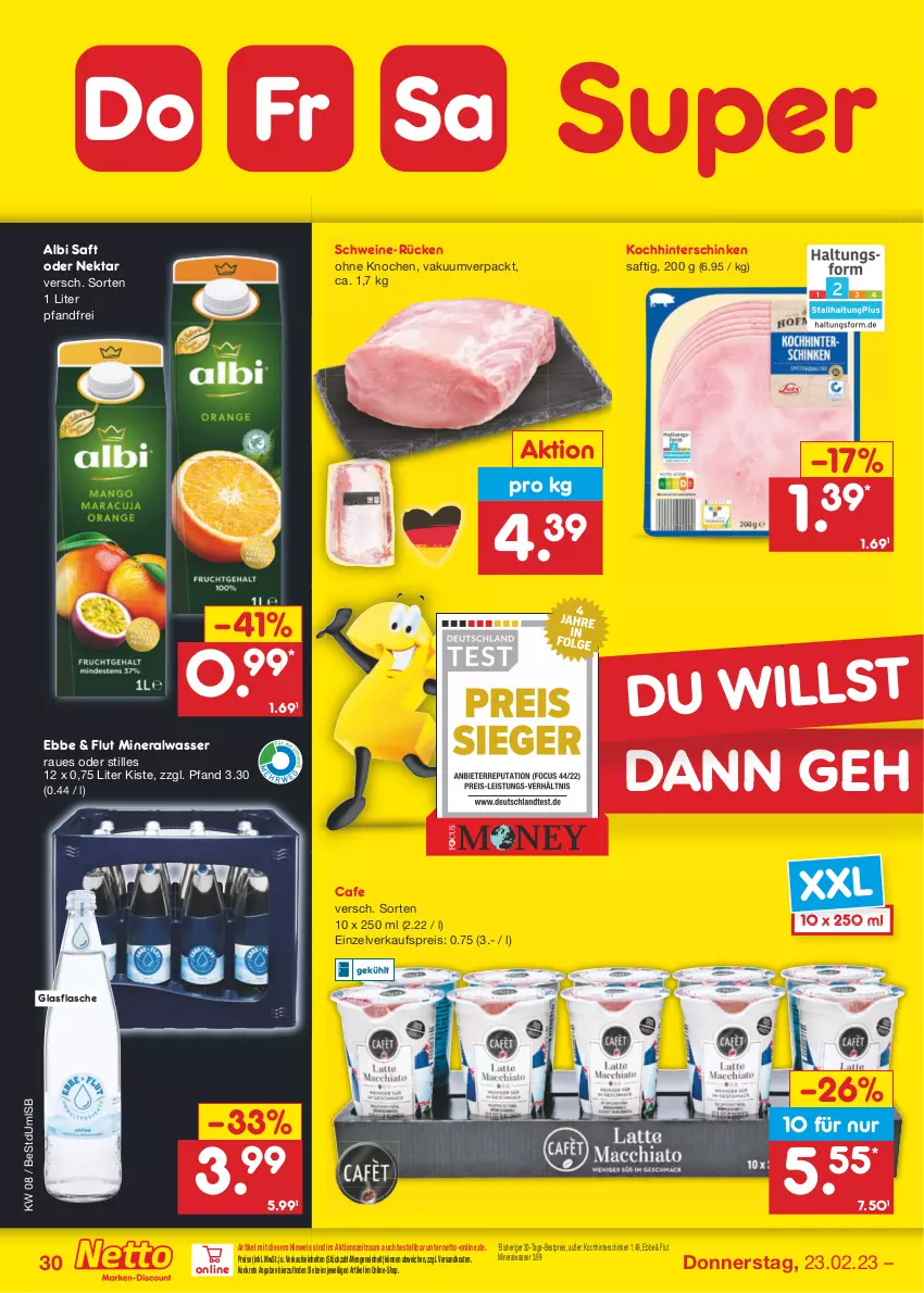 Aktueller Prospekt Netto Marken-Discount - Filial-Angebote - von 20.02 bis 25.02.2023 - strona 30 - produkty: Alwa, bestpreis, eis, flasche, glasflasche, hinterschinken, mineralwasser, ndk, Nektar, reis, saft, schinken, schwein, schweine, Ti, wasser, wein, weine