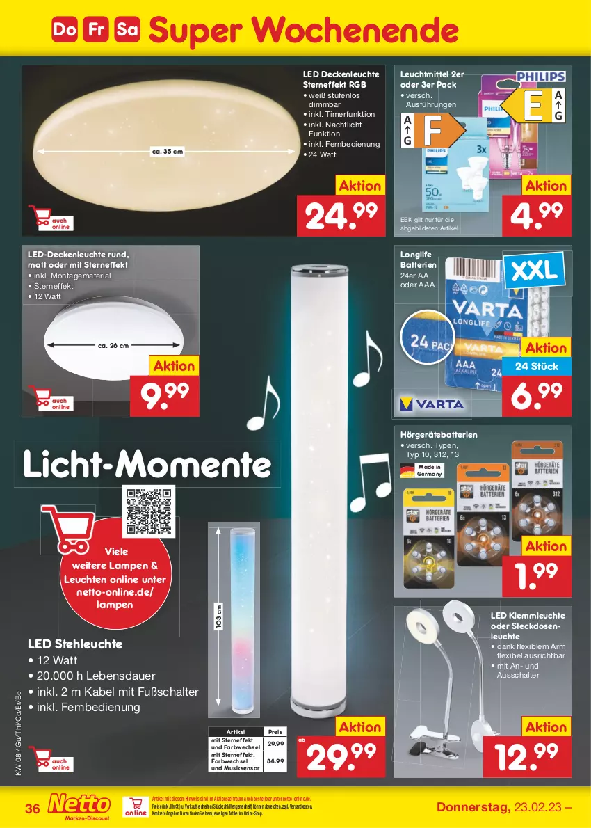 Aktueller Prospekt Netto Marken-Discount - Filial-Angebote - von 20.02 bis 25.02.2023 - strona 36 - produkty: auer, batterie, batterien, decke, deckenleuchte, eis, ente, fernbedienung, Germ, Lampe, LED Deckenleuchte, led-deckenleuchte, Leuchte, leuchten, leuchtmittel, longlife, Nachtlicht, ndk, reis, Ria, Schal, steckdose, stehleuchte, Ti, timer