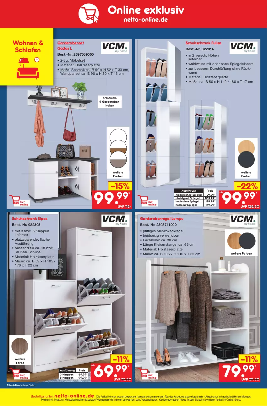 Aktueller Prospekt Netto Marken-Discount - Filial-Angebote - von 20.02 bis 25.02.2023 - strona 44 - produkty: angebot, Eckregal, eis, Garderobe, Holz, kleid, kleider, latte, LG, möbel, ndk, paar schuhe, paneel, regal, reis, Ria, rückwand, rwe, Schrank, schuhe, schuhschrank, spiegel, Ti, tisch, weck, ZTE