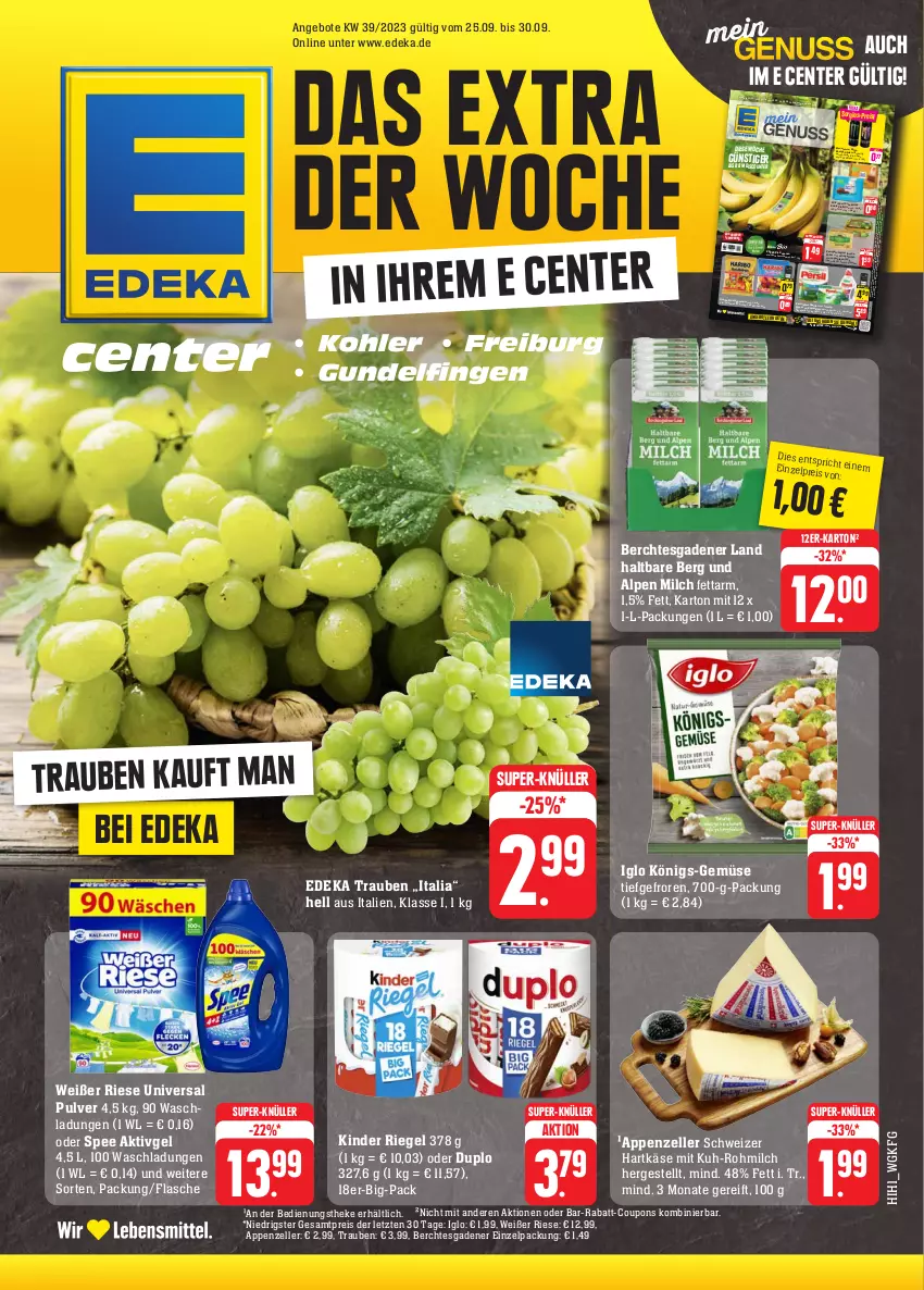 Aktueller Prospekt Edeka - Angebote der Woche - von 25.09 bis 30.09.2023 - strona 30 - produkty: angebot, angebote, appenzeller, banane, bananen, Becher, bio, butter, coupon, coupons, deka, discount, drink, duplo, edeka bio, eis, elle, ente, flasche, frucht, gin, haribo, hartkäse, iglo, Käse, kerrygold, Kinder, kinder riegel, milch, monster, nuss, persil, rabatt-coupon, reis, riegel, ritter, ritter sport, salz, schoko, schweizer hartkäse, spee, Sport, super-knüller, Ti, trauben, universal pulver, ZTE