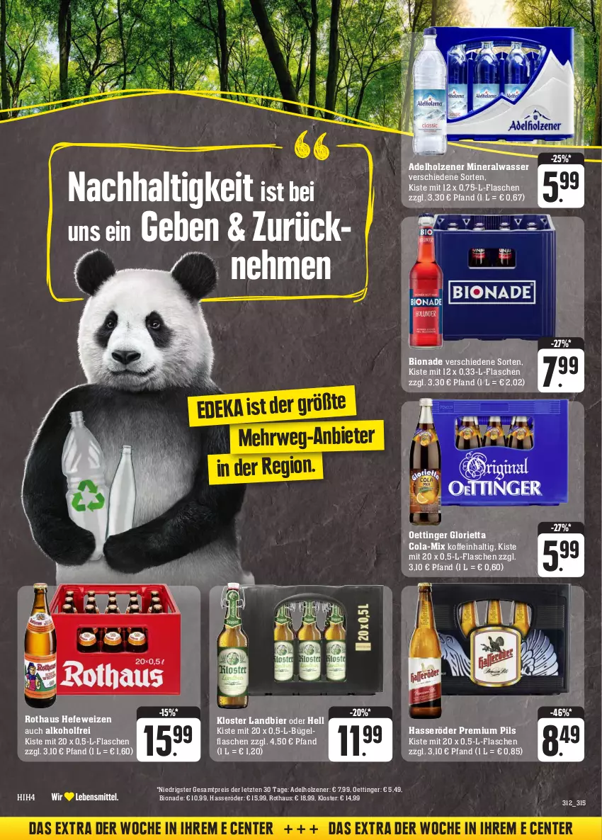 Aktueller Prospekt Edeka - Angebote der Woche - von 25.09 bis 30.09.2023 - strona 33 - produkty: adelholzener, alkohol, Alwa, bier, bio, bionade, bügel, bügelflasche, cola, eis, ente, flasche, hasseröder, Hefe, hefeweizen, Holz, mineralwasser, oettinger, pils, premium pils, reis, rwe, Ti, wasser, ZTE