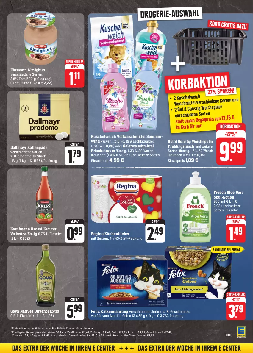 Aktueller Prospekt Edeka - Angebote der Woche - von 25.09 bis 30.09.2023 - strona 34 - produkty: almighur, almighurt, aloe vera, colorwaschmittel, coupon, coupons, dallmayr, deka, ehrmann, ehrmann almighurt, eis, ente, essig, felix, flasche, Frosch, gelee, gin, kaffee, kaffeepads, katzennahrung, korb, kräuter, kressi, küche, Küchen, küchentücher, Kuschelweich, Lotion, mac, natives olivenöl, olive, oliven, olivenöl, olivenöl extra, prodomo, rabatt-coupon, regal, reis, super-knüller, Ti, tücher, vollwaschmittel, waschmittel, weichspüler, ZTE