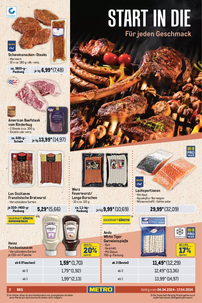 Aktueller Prospekt Metro - Food-NonFood - von 04.04 bis 17.04.2024 - strona 2 - produkty: aqua, auer, baguette, baguettes, beef, beutel, bio, bratwurst, burger, butter, eis, erbsen, feinkost, flasche, garnelen, grill, heinz, Käse, kräuter, kräutern, küche, Küchen, lachs, mac, mais, meggle, milch, paprika, pfanne, pfannen, pfannenkäse, pflanze, pflanzen, Popp, reis, rind, rinder, rwe, salat, sauce, saucen, Schal, Schale, schwein, schweine, schweinenacken, soja, Sport, steak, steaks, Ti, tisch, und pfanne, wein, weine, wurst, Yo, zucker, zuckermais