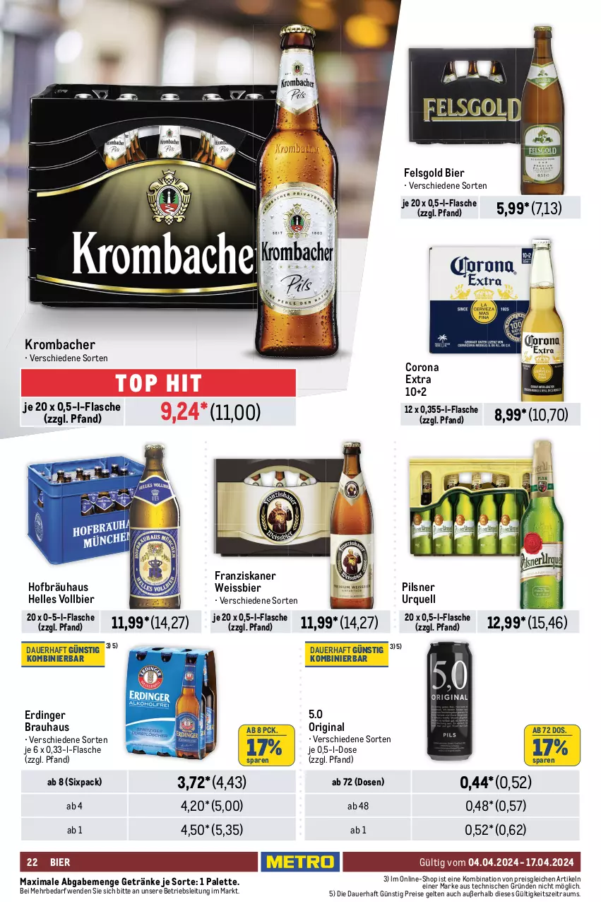 Aktueller Prospekt Metro - Food-NonFood - von 04.04 bis 17.04.2024 - strona 22 - produkty: adelholzener, alkohol, alkoholfreie getränke, Alwa, auer, bier, coca-cola, cola, corona, corona extra, drink, eis, eistee, elle, energy drink, erdinger, flasche, franziskaner, fuze tea, gerolsteine, gerolsteiner, getränk, getränke, gin, Holz, krombache, krombacher, Metro, mineralwasser, monster, Monster Energy, Palette, pils, pilsner, pilsner urquell, reis, steiner, tee, Ti, wasser, weissbier