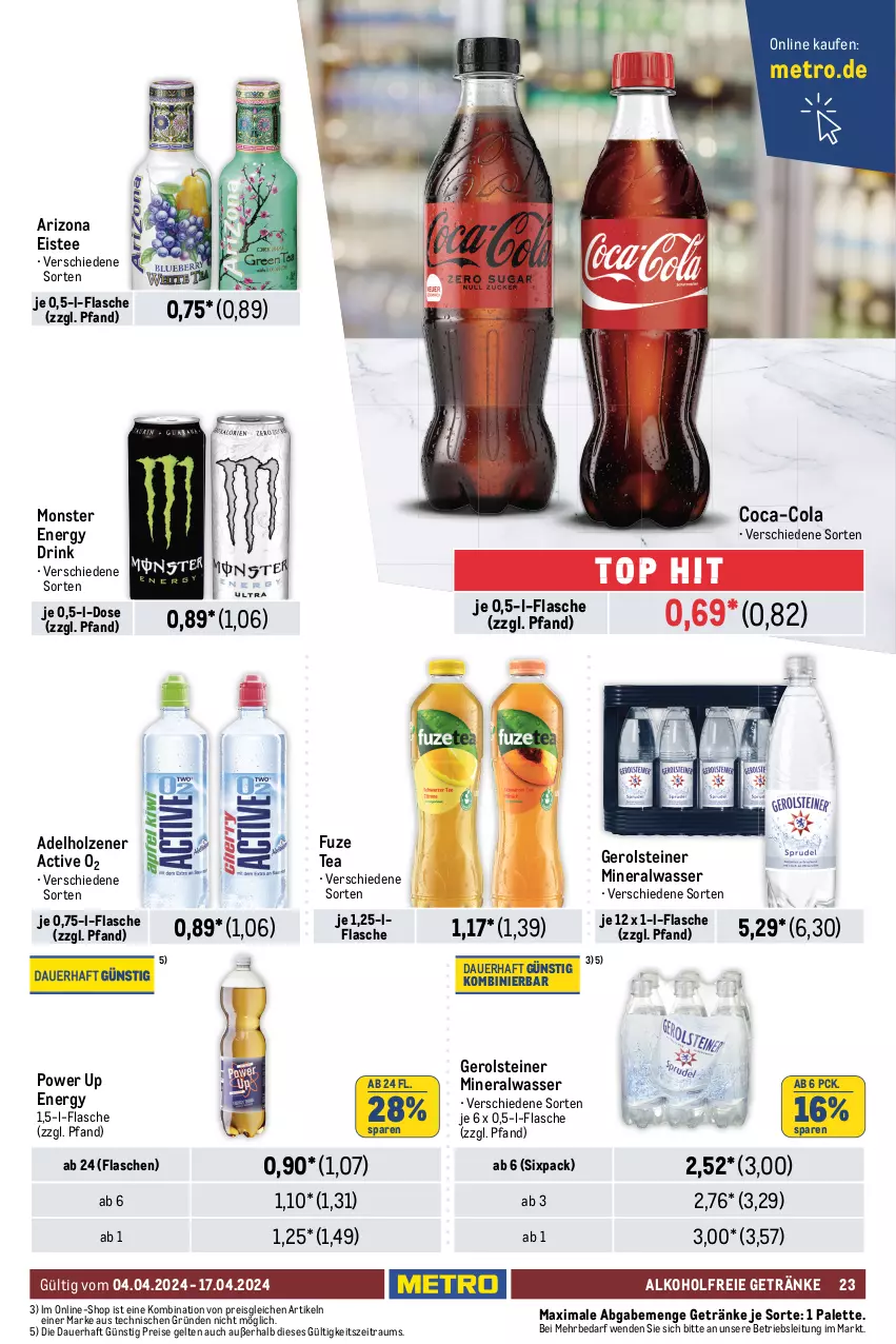 Aktueller Prospekt Metro - Food-NonFood - von 04.04 bis 17.04.2024 - strona 23 - produkty: adelholzener, alkohol, alkoholfreie getränke, Alwa, auer, bier, coca-cola, cola, corona, corona extra, drink, eis, eistee, elle, energy drink, erdinger, flasche, franziskaner, fuze tea, gerolsteine, gerolsteiner, getränk, getränke, gin, Holz, krombache, krombacher, Metro, mineralwasser, monster, Monster Energy, Palette, pils, pilsner, pilsner urquell, reis, steiner, tee, Ti, wasser, weissbier