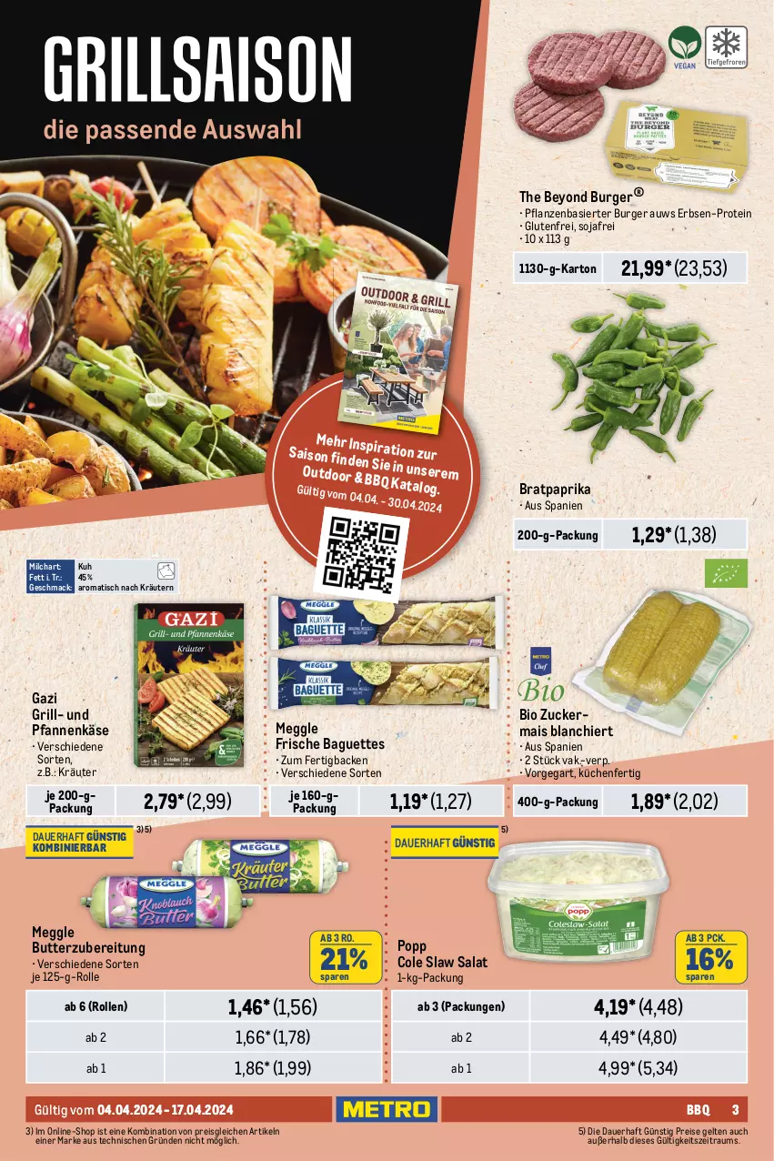 Aktueller Prospekt Metro - Food-NonFood - von 04.04 bis 17.04.2024 - strona 3 - produkty: aqua, auer, baguette, baguettes, beef, beutel, bio, bratwurst, burger, butter, eis, erbsen, feinkost, flasche, garnelen, grill, heinz, Käse, kräuter, kräutern, küche, Küchen, lachs, mac, mais, meggle, milch, paprika, pfanne, pfannen, pfannenkäse, pflanze, pflanzen, Popp, reis, rind, rinder, rwe, salat, sauce, saucen, Schal, Schale, schwein, schweine, schweinenacken, soja, Sport, steak, steaks, Ti, tisch, und pfanne, wein, weine, wurst, Yo, zucker, zuckermais