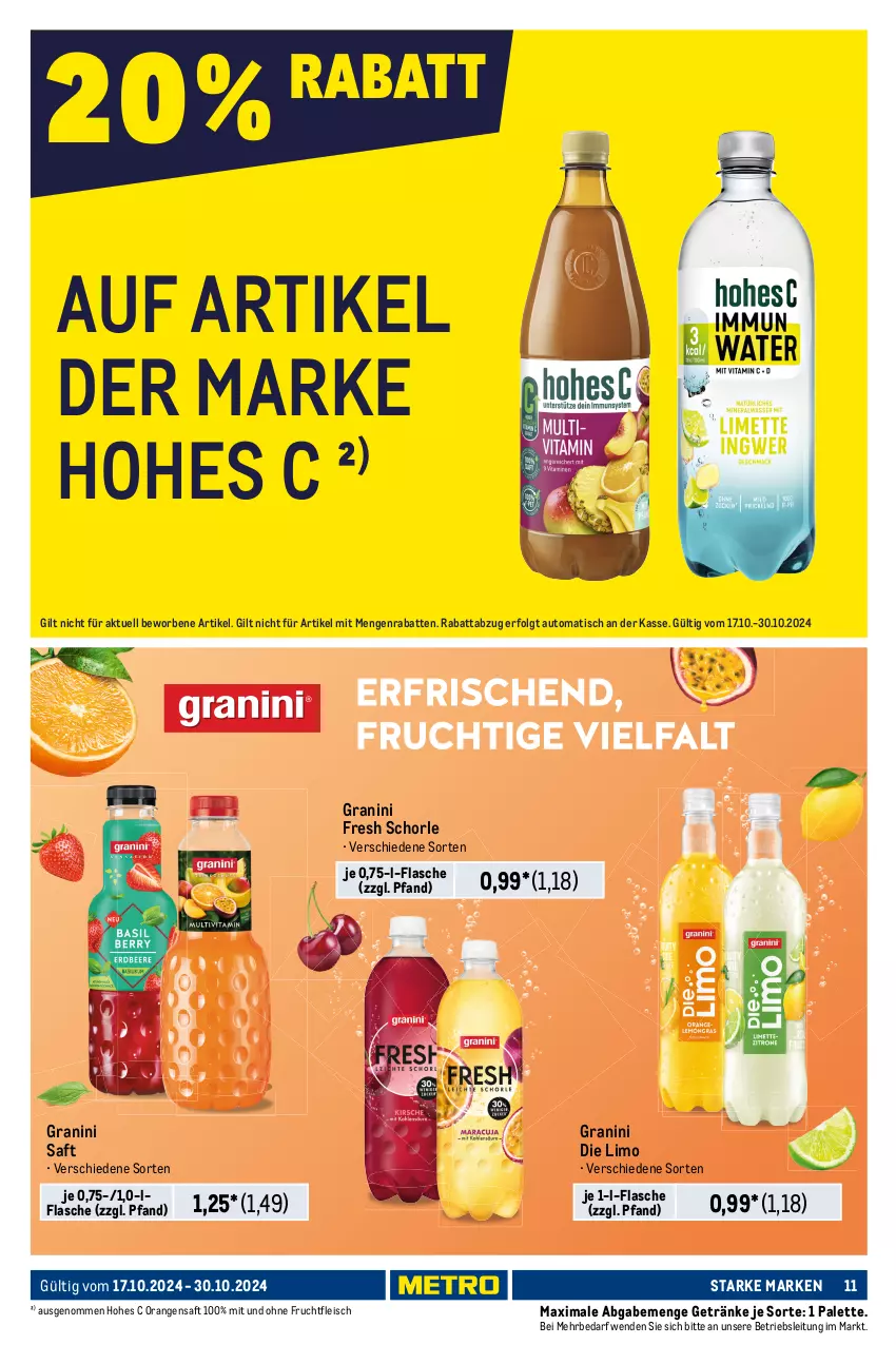 Aktueller Prospekt Metro - Starke Marken - von 17.10 bis 30.10.2024 - strona 11 - produkty: auer, auto, bier, coca-cola, cola, eis, flasche, fleisch, frucht, fruchtfleisch, getränk, getränke, granini, granini die limo, grevensteiner, Hohes C, LG, limo, orange, orangen, orangensaft, Palette, reis, saft, schorle, steiner, Ti, tisch, veltins