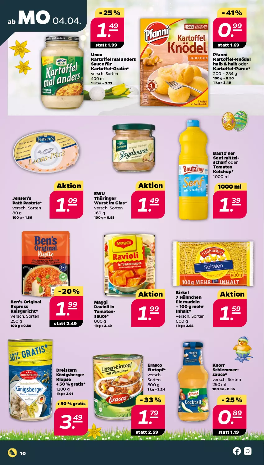 Aktueller Prospekt Netto - Angebote ab Montag - von 04.04 bis 09.04.2022 - strona 10 - produkty: Bau, Ben’s Original, Berger, birkel, dreistern, eier, eiernudeln, eintopf, eis, erasco, gin, kartoffel, ketchup, Knödel, knorr, Königsberger Klopse, maggi, nudel, nudeln, pastete, pfanni, püree, ravioli, reis, ring, sauce, schlemmersauce, senf, Ti, tomate, tomaten, tomaten ketchup, tomatensauce, topf, wurst