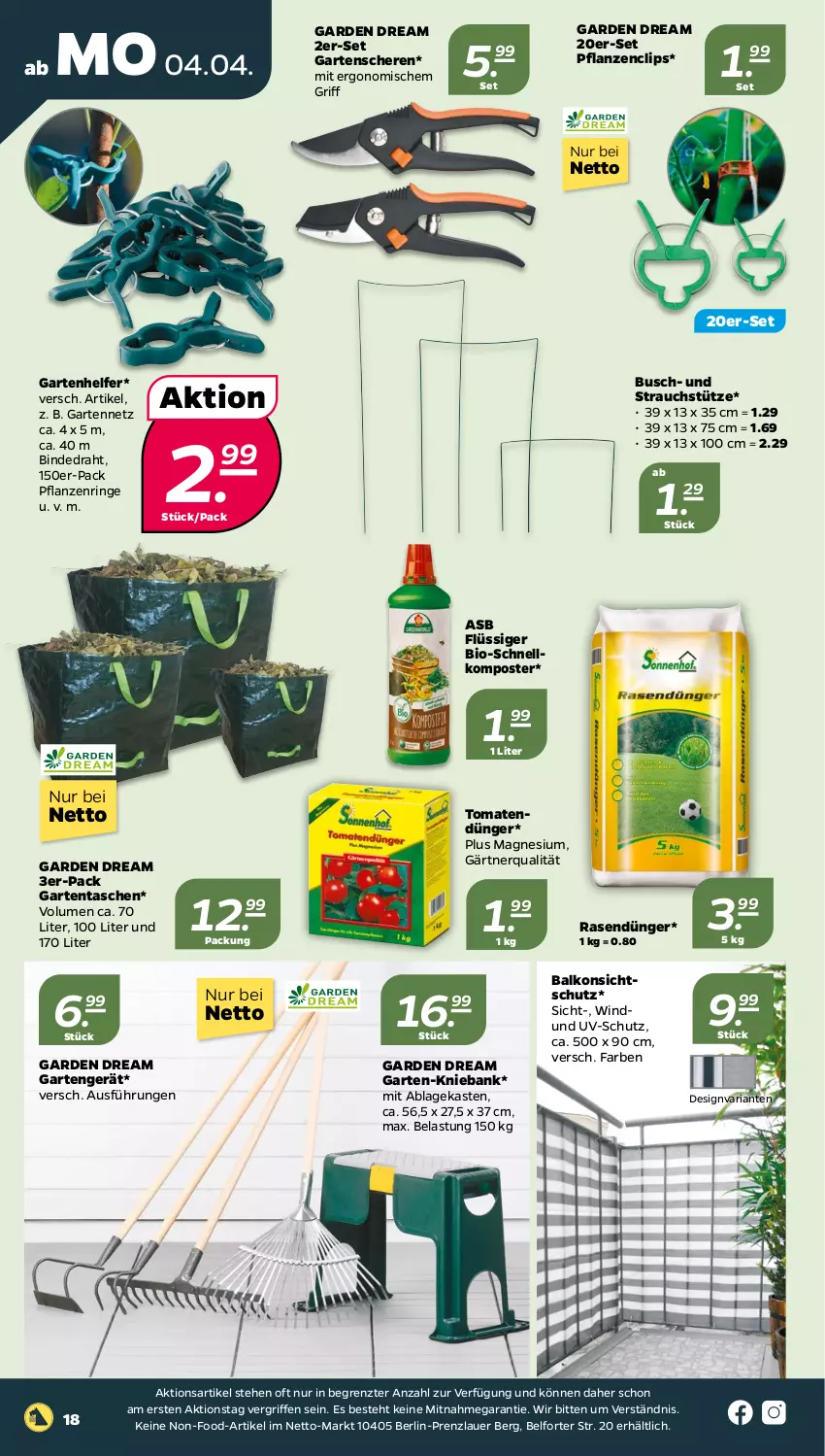 Aktueller Prospekt Netto - Angebote ab Montag - von 04.04 bis 09.04.2022 - strona 18 - produkty: auer, Bank, bio, Draht, dünger, Garten, Gartenschere, Komposter, magnesium, pflanze, pflanzen, rasen, rasendünger, Rauch, Ria, ring, Schere, Tasche, taschen, Ti, tomate, tomaten, uv-schutz, ZTE