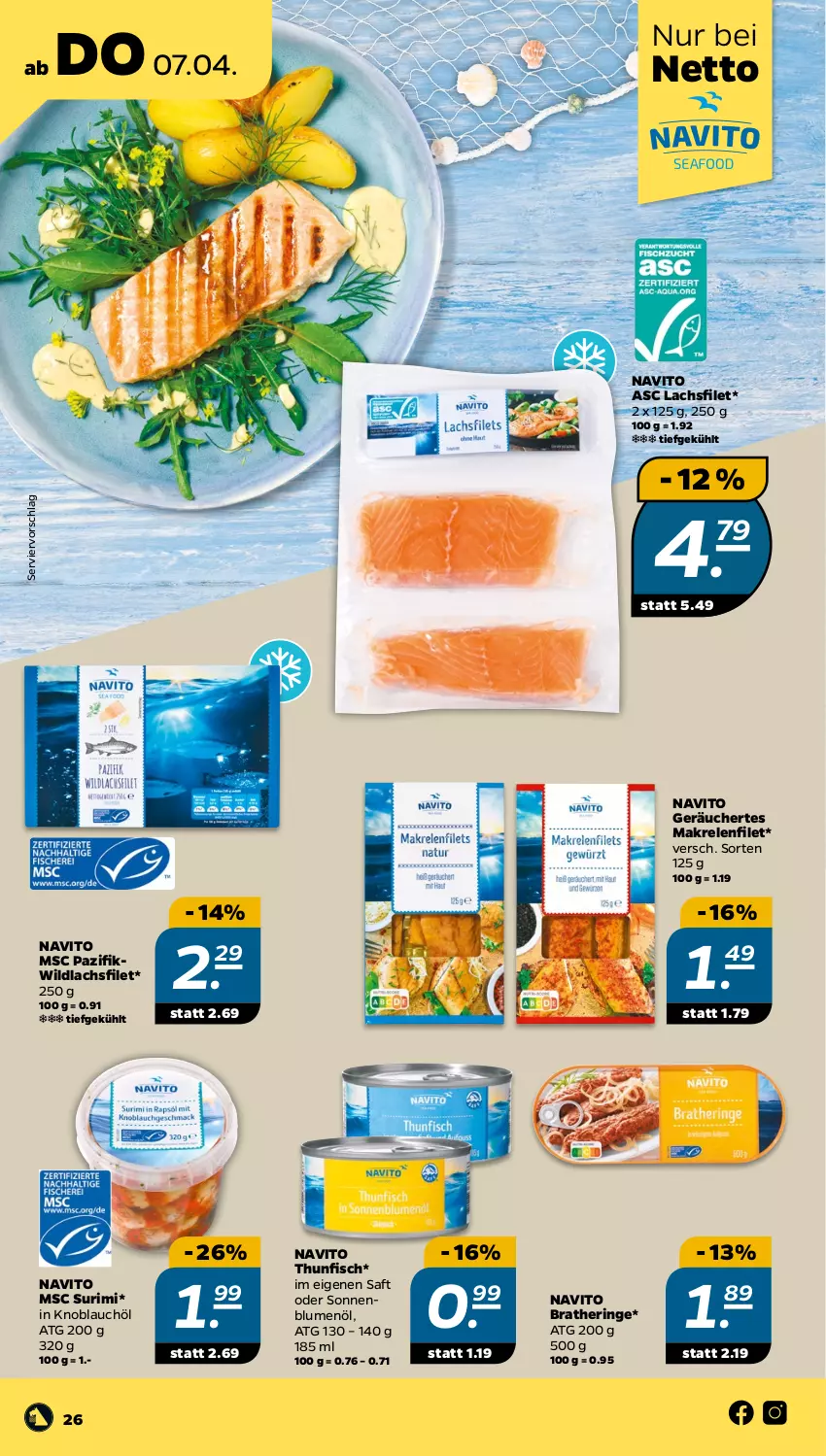 Aktueller Prospekt Netto - Angebote ab Montag - von 04.04 bis 09.04.2022 - strona 26 - produkty: blume, blumen, blumenöl, Bratheringe, filet, fisch, hering, knoblauch, lachs, lachsfilet, Makrele, rel, ring, saft, sonnenblume, sonnenblumen, sonnenblumenöl, thunfisch, Ti, Wild, wildlachs