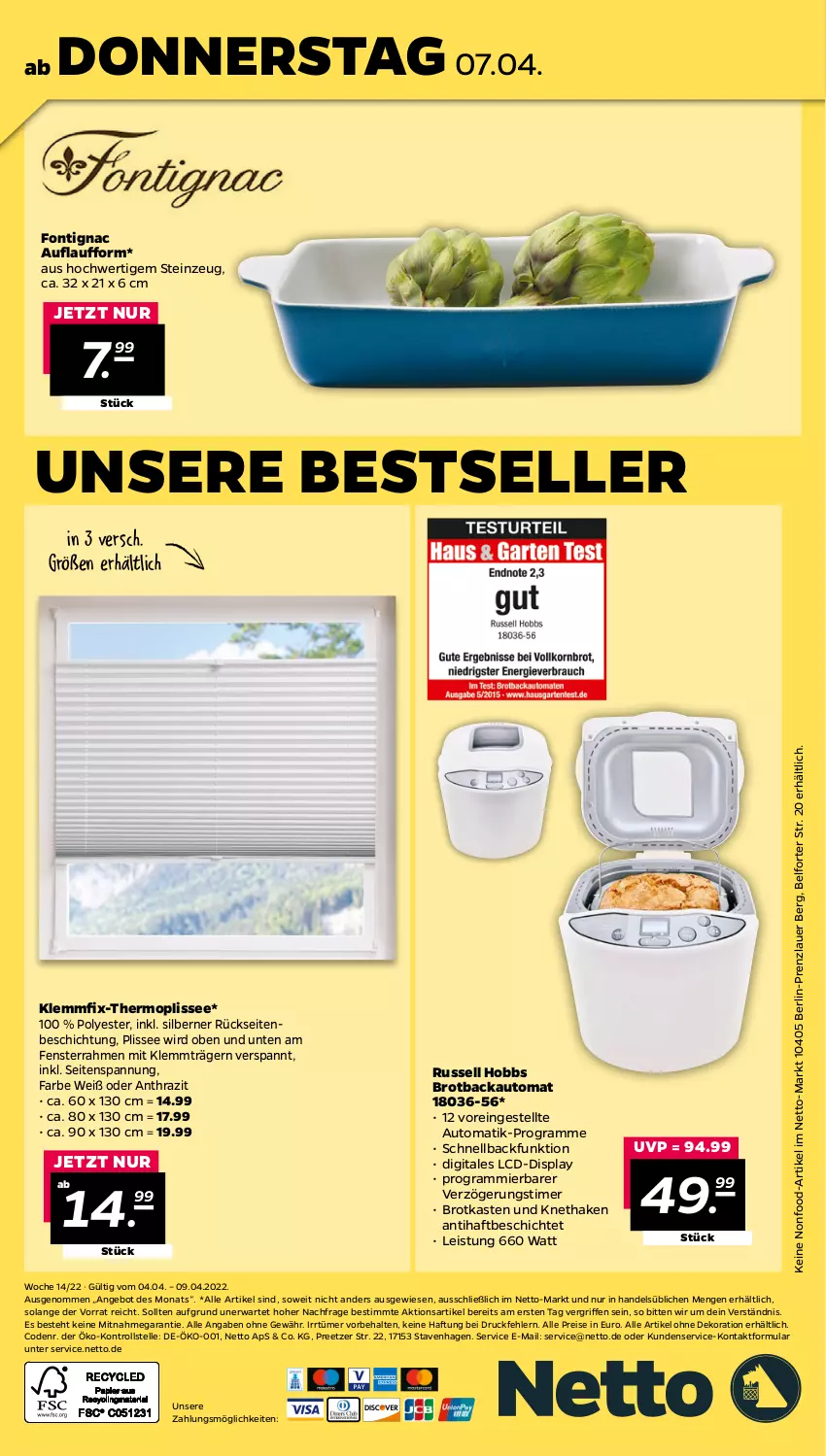 Aktueller Prospekt Netto - Angebote ab Montag - von 04.04 bis 09.04.2022 - strona 32 - produkty: alle artikel ohne dekoration, angebot, auer, auto, brot, Brotbackautomat, Brotkasten, dekoration, eis, elle, fenster, reis, russell hobbs, Ti, timer