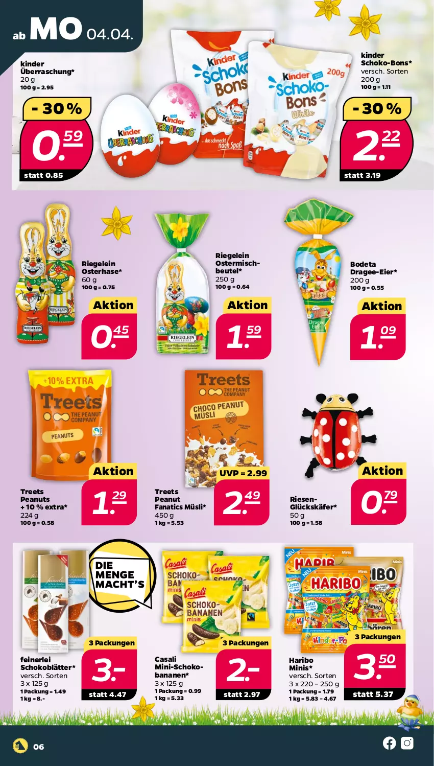 Aktueller Prospekt Netto - Angebote ab Montag - von 04.04 bis 09.04.2022 - strona 6 - produkty: banane, bananen, beutel, Casali, eier, haribo, käfer, Kinder, müsli, riegel, schoko, schoko-bons, Schokobananen, Ti