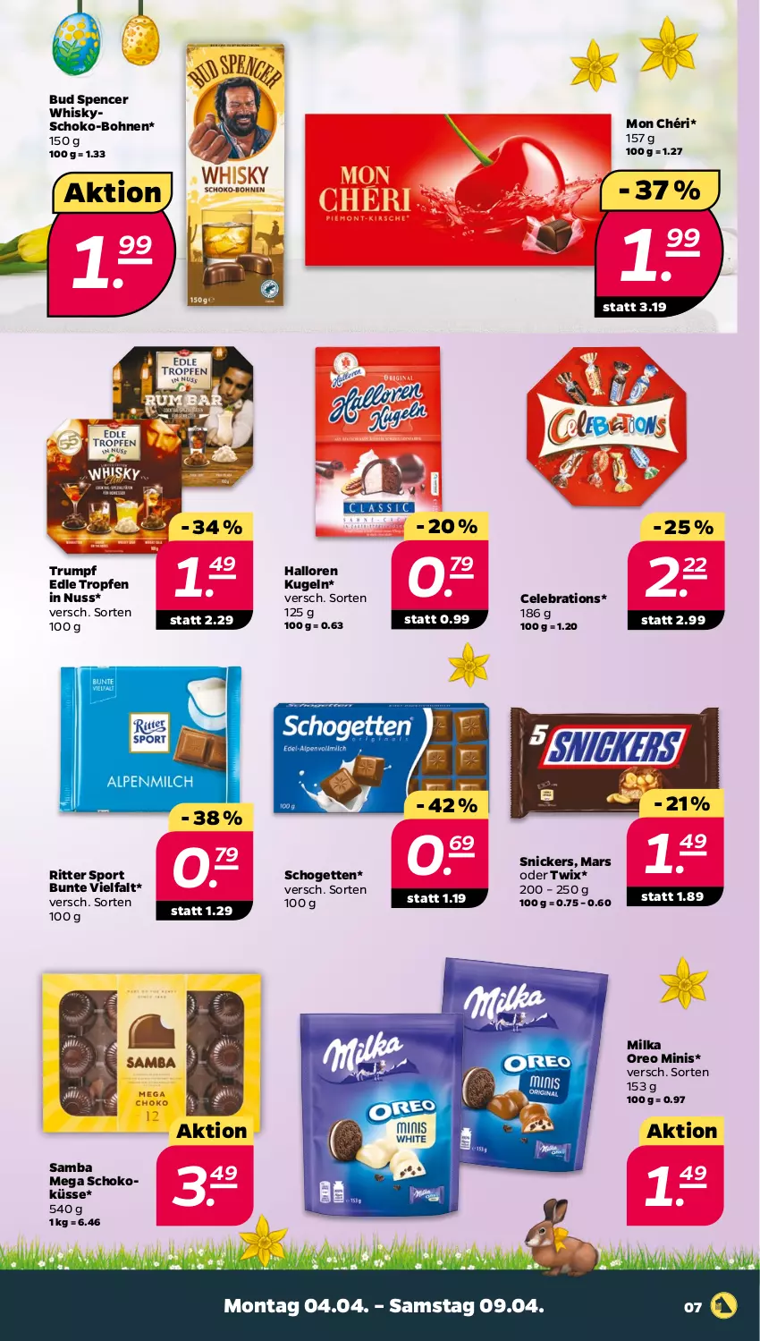 Aktueller Prospekt Netto - Angebote ab Montag - von 04.04 bis 09.04.2022 - strona 7 - produkty: bohne, bohnen, Kugel, mars, milka, Mon Chéri, nuss, oder twix, oreo, ritter, ritter sport, rum, schogetten, schoko, snickers, Sport, Ti, twix, whisky