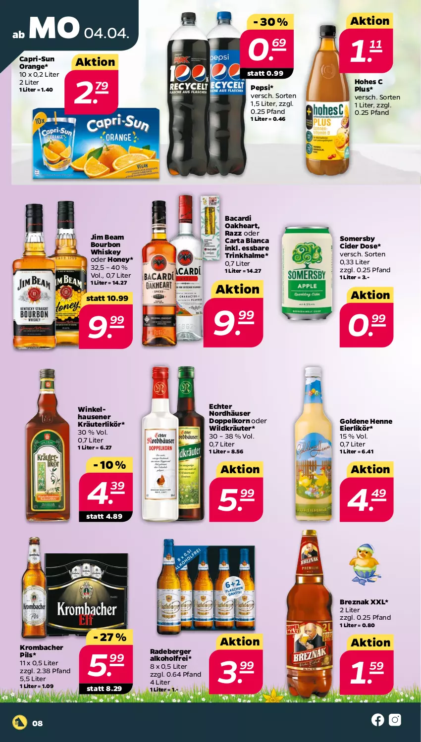 Aktueller Prospekt Netto - Angebote ab Montag - von 04.04 bis 09.04.2022 - strona 8 - produkty: alkohol, bacardi, Berger, bourbon, bourbon whiskey, Cap, capri-sun, cider, doppelkorn, eier, eierlikör, Hohes C, jim beam, korn, kräuter, kräuterlikör, krombache, krombacher, krombacher pils, likör, oakheart, orange, pepsi, pils, radeberger, somersby, Ti, Trinkhalme, whiskey, Wild, winkelhausen