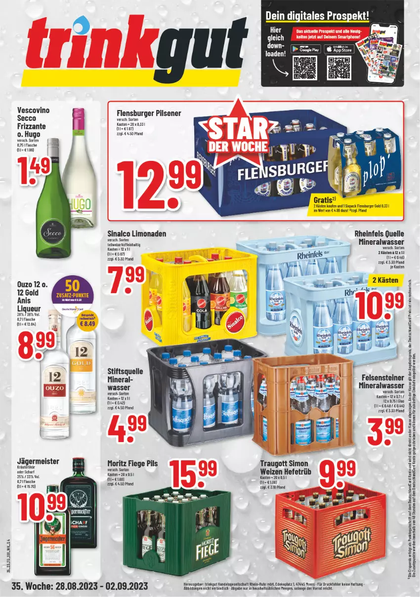 Aktueller Prospekt Trinkgut - von 28.08 bis 02.09.2023 - strona 1 - produkty: Alwa, angebot, angebotspreis, burger, deutschlandcard, ecco, eis, elle, erde, flasche, flensburger, frizzante, Germ, Hefe, hugo, jägermeister, kräuter, kräuterlikör, LG, likör, limo, limonade, limonaden, liqueur, Meister, mineralwasser, ouzo, ouzo 12, pils, pilsener, reis, rheinfels quelle, sim, sinalco, steiner, Ti, vescovino, wasser