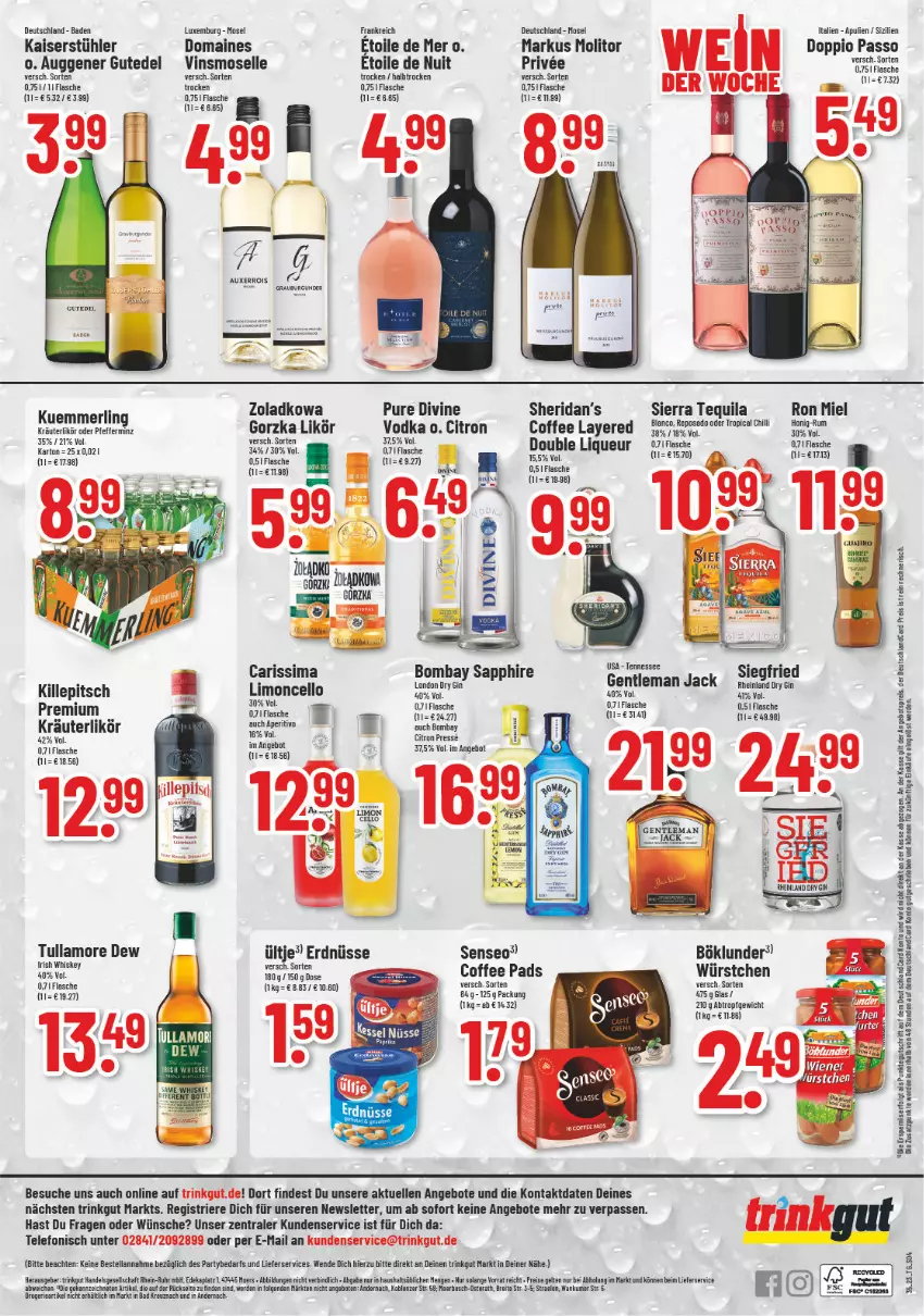 Aktueller Prospekt Trinkgut - von 28.08 bis 02.09.2023 - strona 4 - produkty: angebot, angebote, angebotspreis, Bad, Bank, böklunder, bombay sapphire, Brei, deka, deutschlandcard, doppio passo, dry gin, eis, elle, erde, erdnüsse, flasche, gin, irish whiskey, Kaiser, kräuter, kräuterlikör, kuemmerling, LG, lieferservice, likör, limo, liqueur, london dry, london dry gin, merl, passo, reis, sapphire, senseo, Sierra, sierra tequila, sim, Stühl, telefon, tequila, Ti, tullamore, tullamore dew, uhr, ültje, vodka, whiskey, würstchen