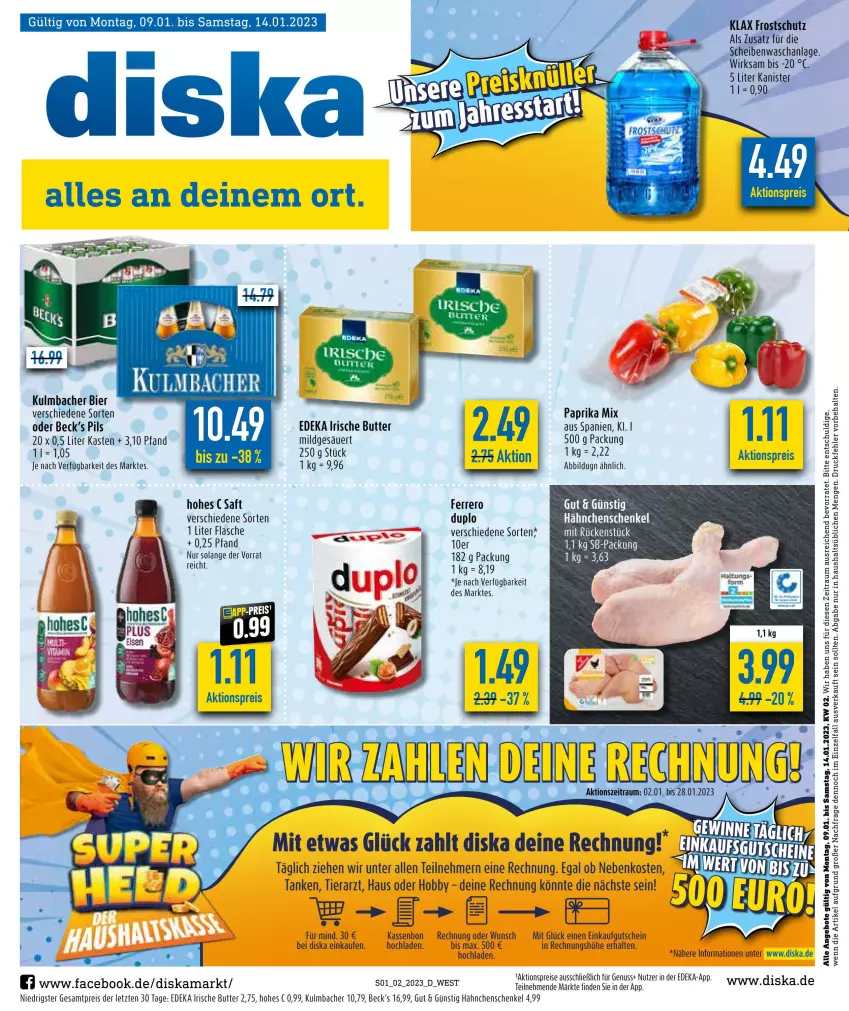 Aktueller Prospekt Diska - Prospekte - von 09.01 bis 14.01.2023 - strona 1 - produkty: aktionspreis, angebot, angebote, bier, butter, deka, duplo, eis, ferrero, flasche, gutschein, hähnchenschenkel, henkel, Hobby, irische butter, nuss, paprika, paprika mix, pils, reis, saft, schenkel, Ti, ZTE