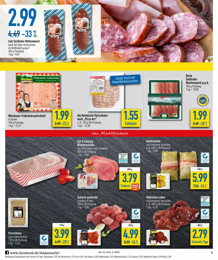 Aktueller Prospekt Diska - Prospekte - von 09.01 bis 14.01.2023 - strona 4 - produkty: auer, aufschnitt, Bau, Bauer, eis, fleisch, fleischkäse, gulasch, Käse, minutensteaks, pizza, Rauch, reis, rind, schwein, Speck, steak, steaks, tee, Ti, tiefpreis, wein, wiesbauer, wurst, ZTE