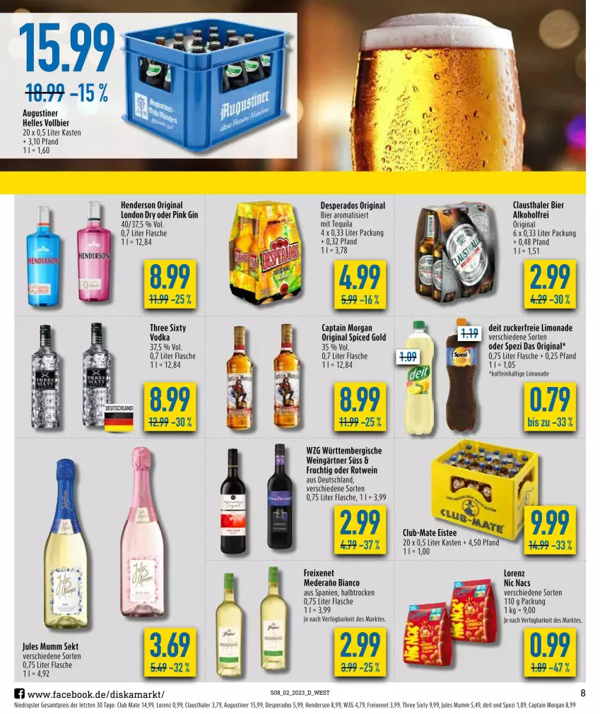 Aktueller Prospekt Diska - Prospekte - von 09.01 bis 14.01.2023 - strona 8 - produkty: alkohol, aust, bier, Cap, captain morgan, clausthaler, deit, desperados, eis, eistee, elle, enders, flasche, freixenet, frucht, gin, jules mumm, limo, limonade, london dry, lorenz, mumm, original spiced gold, reis, rotwein, sekt, Spezi, tee, tequila, Three Sixty, Ti, vodka, wein, ZTE, zucker