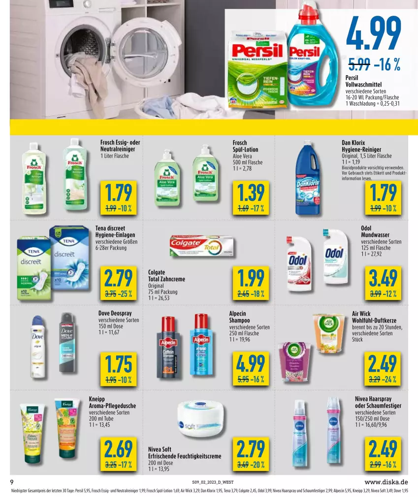 Aktueller Prospekt Diska - Prospekte - von 09.01 bis 14.01.2023 - strona 9 - produkty: Air Wick, aloe vera, alpecin, bio, biozidprodukte, cin, colgate, colgate total, creme, deo, deospray, Discreet, dove, Duftkerze, dusche, eis, essig, feuchtigkeitscreme, flasche, Frosch, gin, haarspray, hygiene-reiniger, kerze, kneipp, LG, Lotion, mundwasser, nivea, oder schaumfestiger, Odol, persil, pflegedusche, Rauch, reiniger, reis, rwe, schaumfestiger, shampoo, tee, Ti, vollwaschmittel, waschmittel, wasser, WICK, zahncreme, ZTE