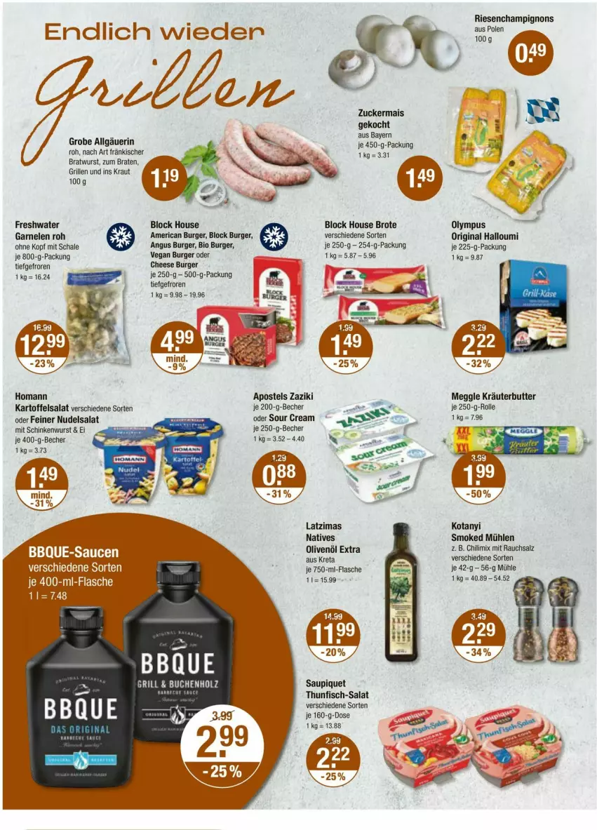 Aktueller Prospekt Vmarkt - Prospekte - von 25.04 bis 01.05.2024 - strona 12 - produkty: apostels, Becher, bio, braten, bratwurst, brot, burger, butter, champignon, champignons, chili, fisch, flasche, garnelen, gin, grill, Halloumi, homann, kartoffel, kartoffelsalat, Kraut, kräuter, kräuterbutter, LG, mais, meggle, natives olivenöl, nudel, nudelsalat, olive, oliven, olivenöl, olivenöl extra, Rauch, salat, salz, saupiquet, Schal, Schale, schinken, schinkenwurst, sour cream, thunfisch, Ti, wurst, zaziki, zucker, zuckermais