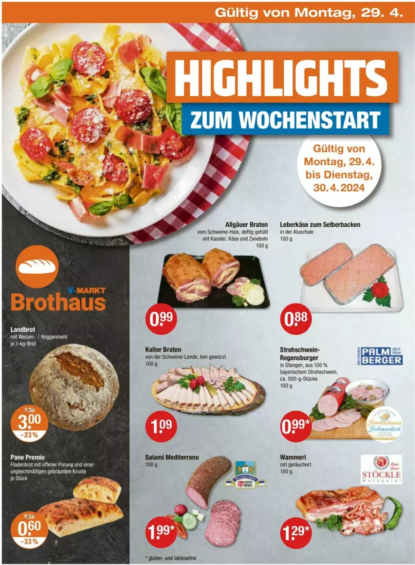 Aktueller Prospekt Vmarkt - Prospekte - von 25.04 bis 01.05.2024 - strona 22 - produkty: braten, brot, burger, gewürz, Käse, leberkäs, leberkäse, LG, merl, regensburger, salami, Schal, Schale, schwein, schweine, Ti, wein, weine, zwiebel, zwiebeln