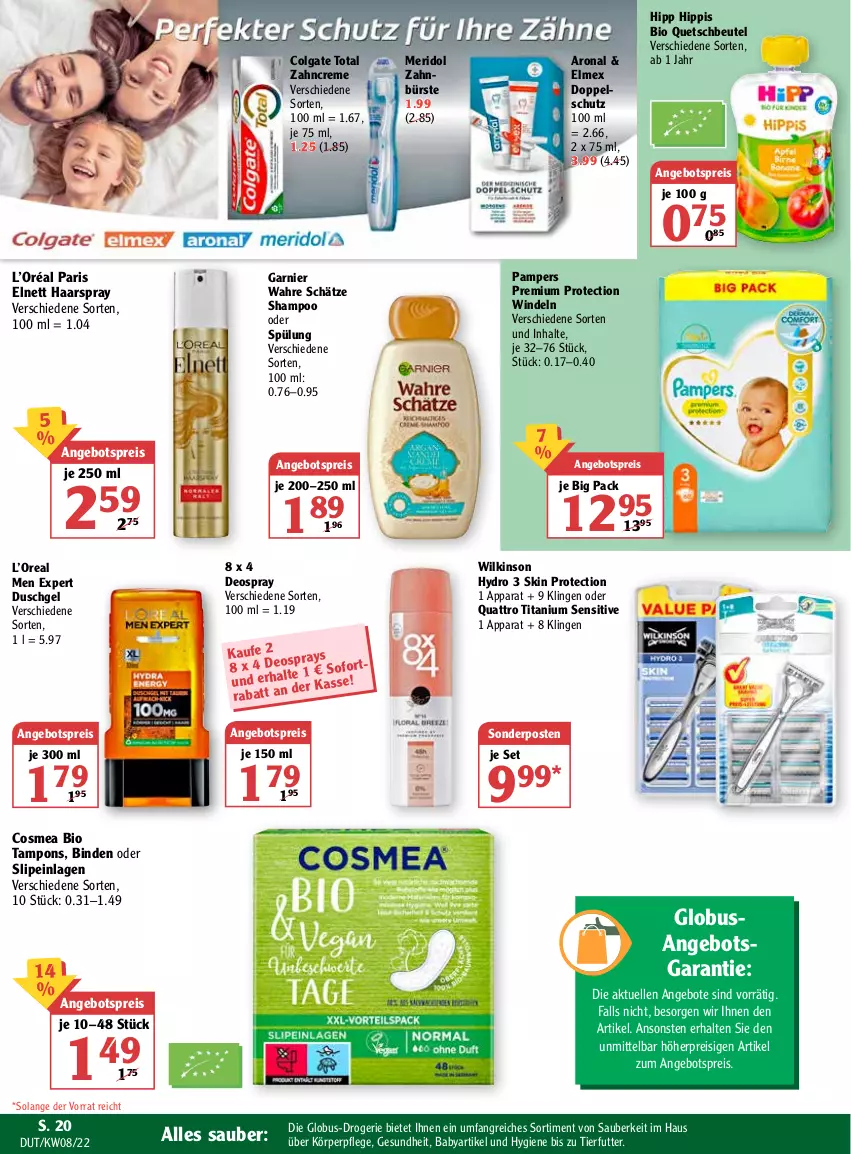 Aktueller Prospekt Globus - Prospekte - von 21.02 bis 26.02.2022 - strona 20 - produkty: angebot, angebote, angebotspreis, beutel, binden, bio, bürste, colgate, colgate total, cosmea, creme, deo, deospray, duschgel, eis, elle, elmex, elnett, garnier, Gesundheit, haarspray, hipp, körperpflege, LG, meridol, pampers, quetschbeutel, reis, shampoo, shampoo oder spülung, slip, slipeinlagen, sonderposten, spülung, Tampon, tampons, Ti, Wahre Schätze, wilkinson, windeln, zahnbürste, zahncreme