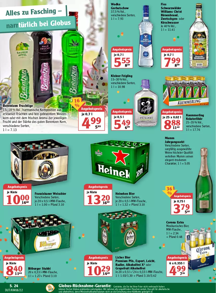 Aktueller Prospekt Globus - Prospekte - von 21.02 bis 26.02.2022 - strona 24 - produkty: alkohol, angebot, angebotspreis, berentzen, bier, Birnen, bitburger, burger, corona, corona extra, eier, eis, flasche, franziskaner, frucht, früchte, früchten, getränk, getränke, Gorbatschow, grapefruit, heineken, jahrgangssekt, Kette, kirsch, kleiner feigling, korn, kräuter, kräuterlikör, kuemmerling, leine, likör, merl, mumm, mw-flasche, pils, premium pils, radler, Rauch, reis, sekt, Ti, wasser, wein, weine, weissbier, weizenkorn, wodka