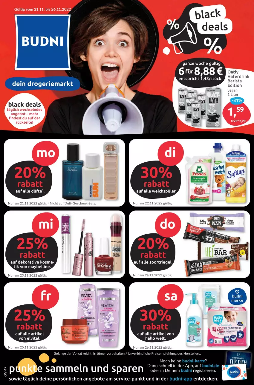 Aktueller Prospekt Budni - Prospekte - von 21.11 bis 26.11.2022 - strona 1 - produkty: angebot, angebote, apfel, decke, drink, eis, elle, elvital, grana, granatapfel, hafer, Haferdrink, lack, Maybelline, Rana, reis, riegel, Sport, teller, Ti, vita, weichspüler