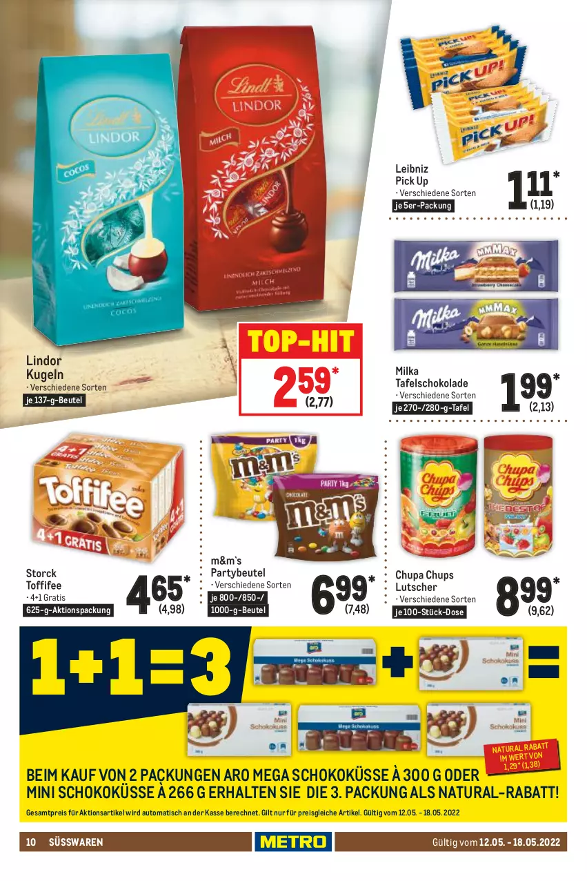 Aktueller Prospekt Metro - Food - von 12.05 bis 18.05.2022 - strona 10 - produkty: auto, beutel, chupa, chupa chups, eis, Kugel, leibniz, lindor, Lutscher, milka, natur, natura, reis, schoko, schokolade, storck, süsswaren, tafelschokolade, Ti, tisch, toffifee, top-hit