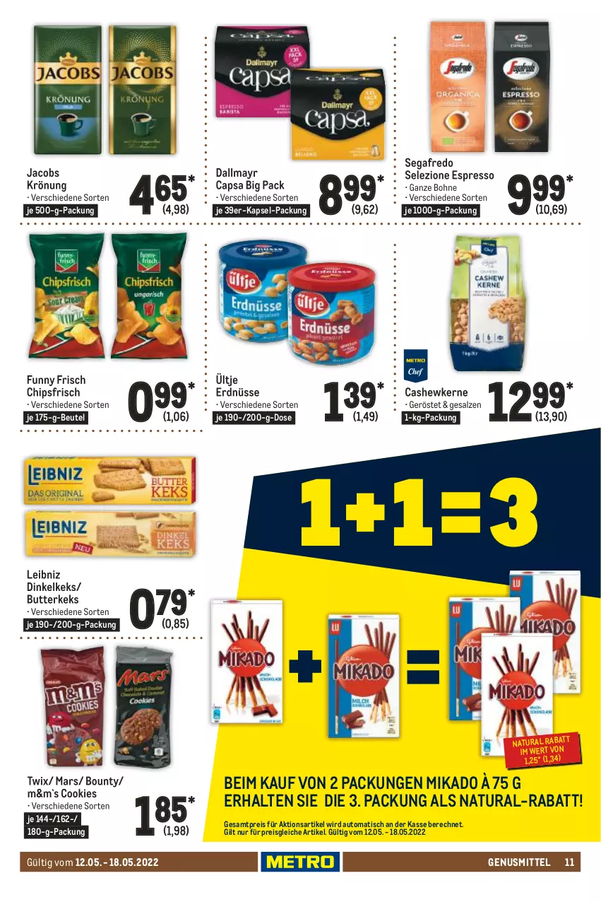 Aktueller Prospekt Metro - Food - von 12.05 bis 18.05.2022 - strona 11 - produkty: auto, beutel, bohne, bounty, butter, butterkeks, Cap, Cashew, cashewkerne, chips, chipsfrisch, cookie, cookies, dallmayr, dallmayr capsa, eis, erdnüsse, espresso, Funny Frisch, jacobs, jacobs krönung, keks, leibniz, mars, mikado, natur, natura, reis, salz, Segafredo, Ti, tisch, twix, ültje, ültje erdnüsse