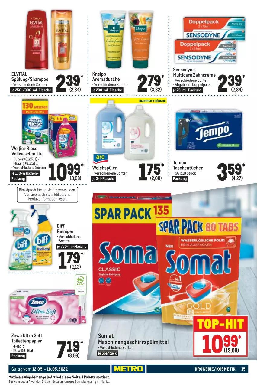 Aktueller Prospekt Metro - Food - von 12.05 bis 18.05.2022 - strona 15 - produkty: biff, creme, dusche, elvital, flasche, geschirr, geschirrspülmittel, kneipp, kosmetik, Palette, papier, reiniger, sensodyne, shampoo, somat, spülmittel, spülung, Tasche, taschen, taschentücher, Tempo, Ti, toilettenpapier, top-hit, tücher, vita, vollwaschmittel, waschmittel, weichspüler, zahncreme, zewa