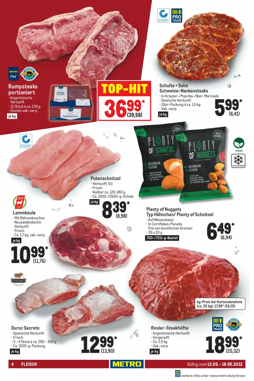 Aktueller Prospekt Metro - Food - von 12.05 bis 18.05.2022 - strona 4 - produkty: beutel, bier, eis, flakes, fleisch, kräuter, lamm, lammkeule, marinade, Metro, Nackensteak, nackensteaks, nuggets, paprika, pute, putenschnitzel, reis, rind, rinder, rum, rumpsteak, Schal, Schale, schnitzel, schwein, schweine, steak, steakhüfte, steaks, Ti, top-hit, wein, weine