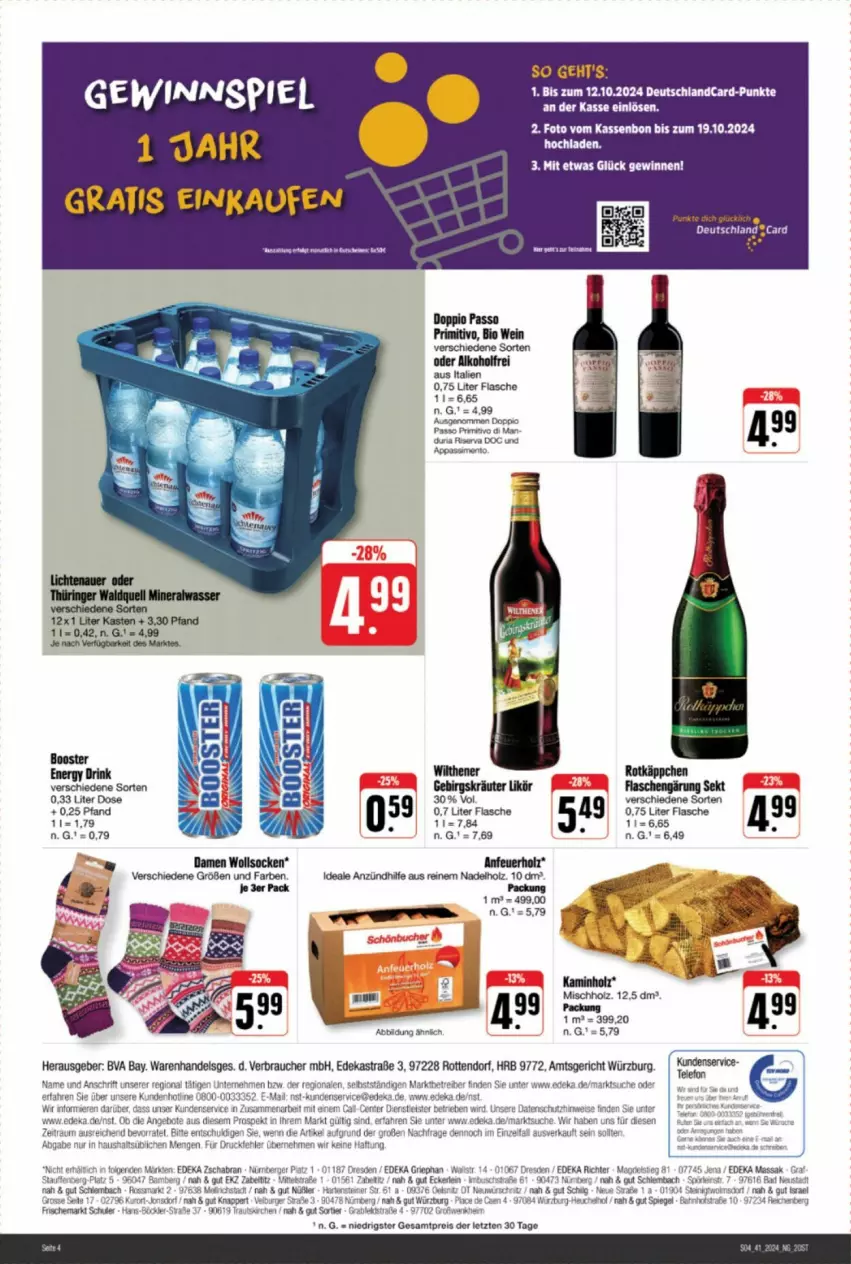 Aktueller Prospekt Edeka - Prospekte - von 05.10 bis 12.10.2024 - strona 4 - produkty: deka, deutschlandcard, drink, eis, energy drink, ente, flasche, gewinnspiel, Heu, Holz, kräuter, likör, reis, socken, spiegel, Ti, ZTE