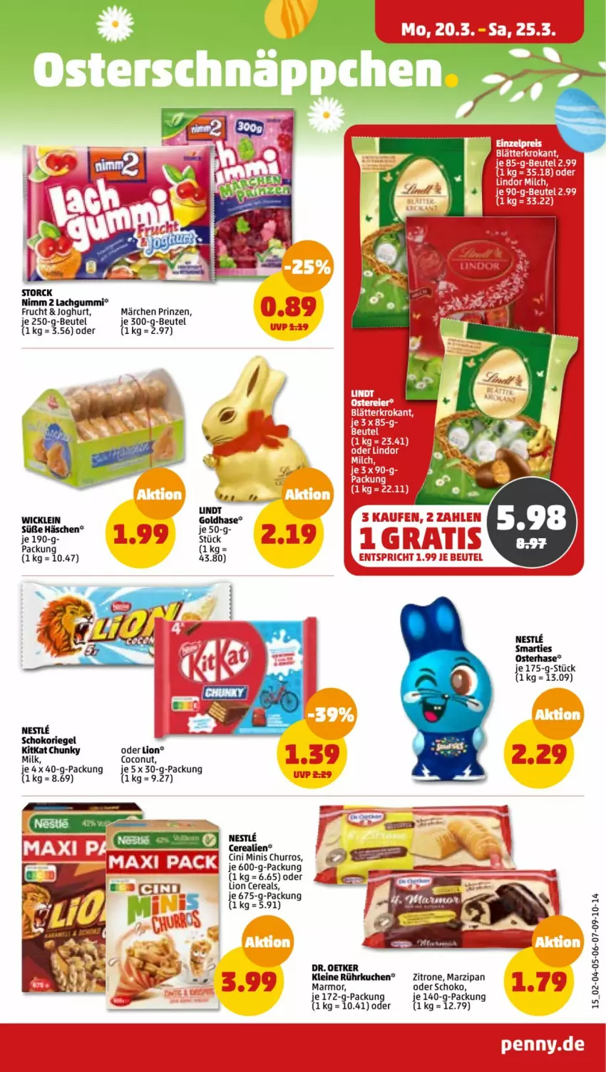 Aktueller Prospekt Penny - Prospekte - von 20.03 bis 25.03.2023 - strona 15 - produkty: beutel, cerealien, cereals, cin, coconut, Dr. Oetker, frucht, joghur, joghurt, kitkat, kuchen, lachgummi, leine, lion, marzipan, Nimm 2, riegel, schoko, schokoriegel, smarties, storck, Ti, WICK, zitrone