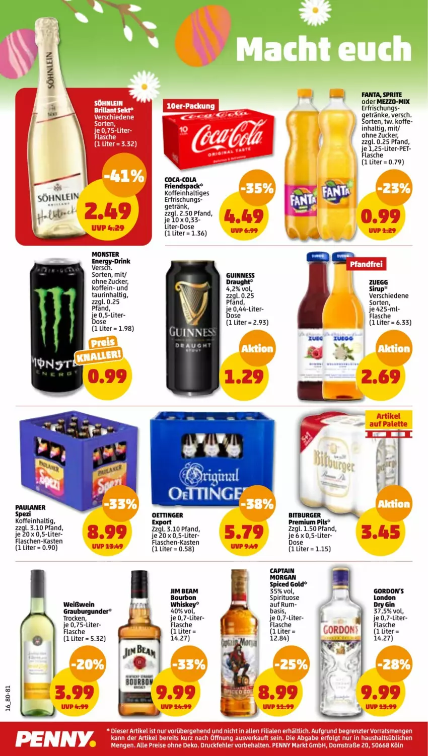 Aktueller Prospekt Penny - Prospekte - von 20.03 bis 25.03.2023 - strona 16 - produkty: bitburger, bourbon, bourbon whiskey, burger, burgunder, Cap, captain morgan, coca-cola, cola, drink, dry gin, fanta, flasche, flaschen-kasten, getränk, getränke, gin, gordon, Gordon’s, grauburgunder, Guinness, jim beam, LG, london dry, london dry gin, monster, Monster Energy, oettinger, pils, premium pils, rum, sirup, Spezi, sprite, tee, Ti, wein, Weißwein, whiskey, ZTE, zucker, zuegg