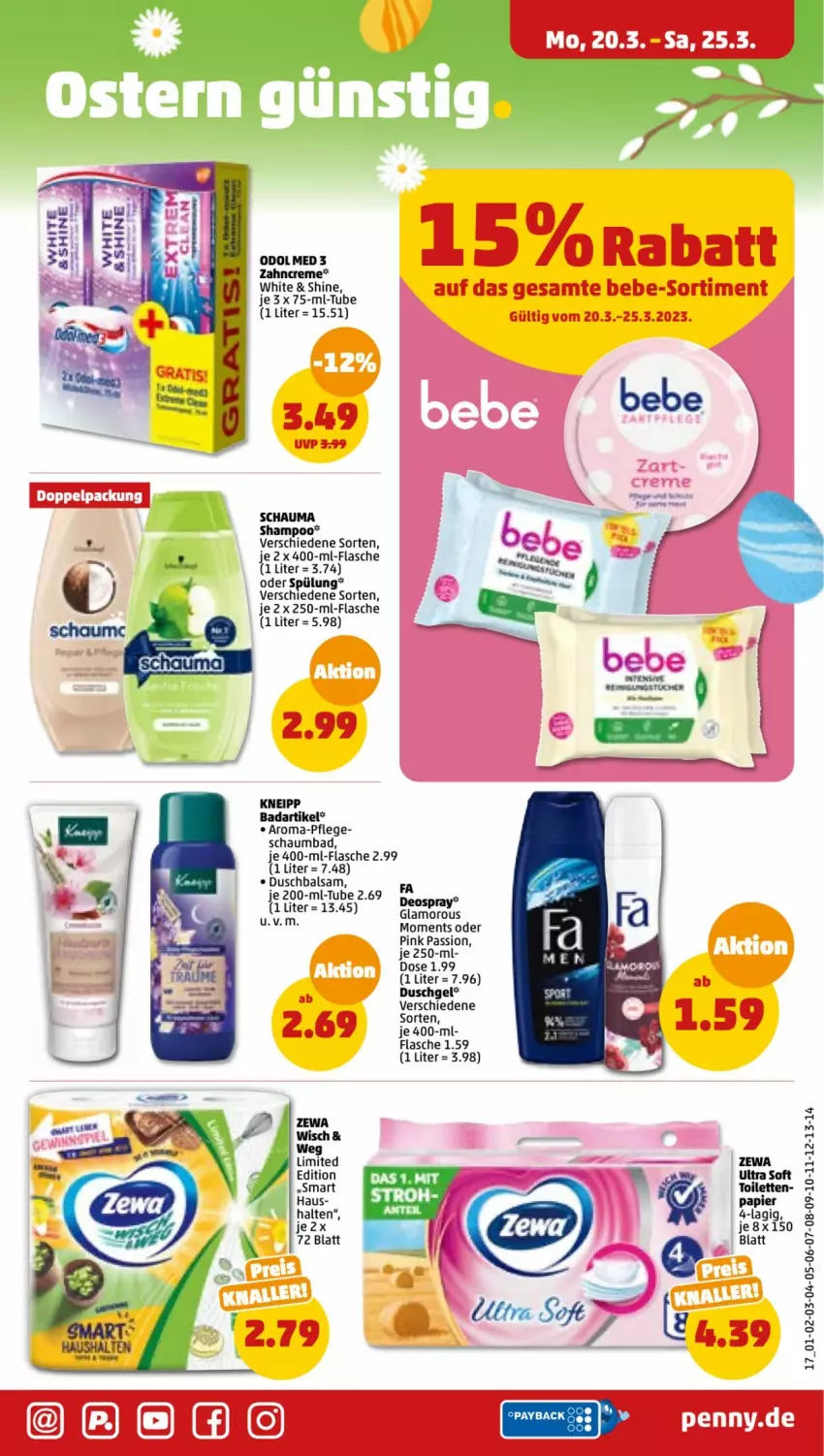 Aktueller Prospekt Penny - Prospekte - von 20.03 bis 25.03.2023 - strona 17 - produkty: Bad, balsam, creme, duschgel, flasche, kneipp, Odol, papier, schauma, schauma shampoo, schaumbad, shampoo, spülung, Ti, zahncreme, zewa