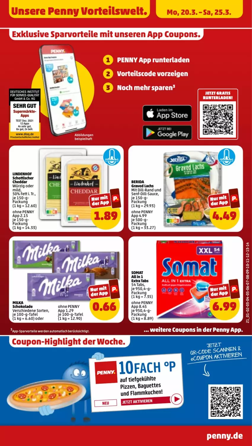 Aktueller Prospekt Penny - Prospekte - von 20.03 bis 25.03.2023 - strona 21 - produkty: baguette, baguettes, cheddar, coupon, flammkuchen, Graved Lachs, kuchen, lachs, lamm, milka, milka schokolade, sauce, schoko, schokolade, schott, senf, somat, Ti, tisch