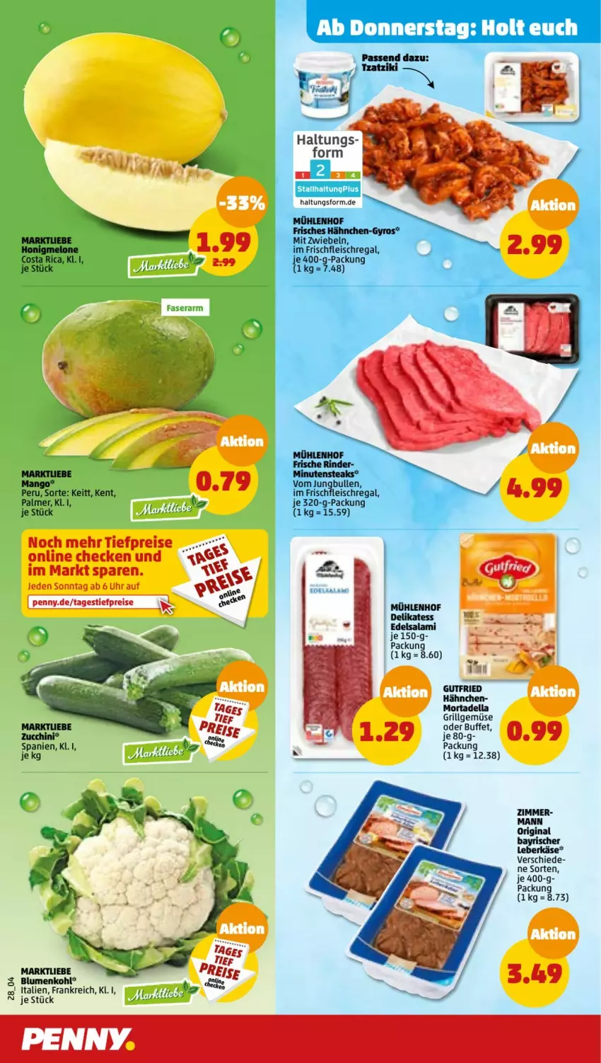 Aktueller Prospekt Penny - Prospekte - von 20.03 bis 25.03.2023 - strona 28 - produkty: blume, blumen, blumenkohl, dell, Edelsalami, eis, elle, fleisch, gin, grill, gutfried, gyros, honig, honigmelone, jungbullen, LG, mango, melone, minutensteaks, mit zwiebeln, mortadella, regal, reis, rind, rinder, salami, steak, steaks, Ti, tiefpreis, uhr, zucchini, zwiebel, zwiebeln